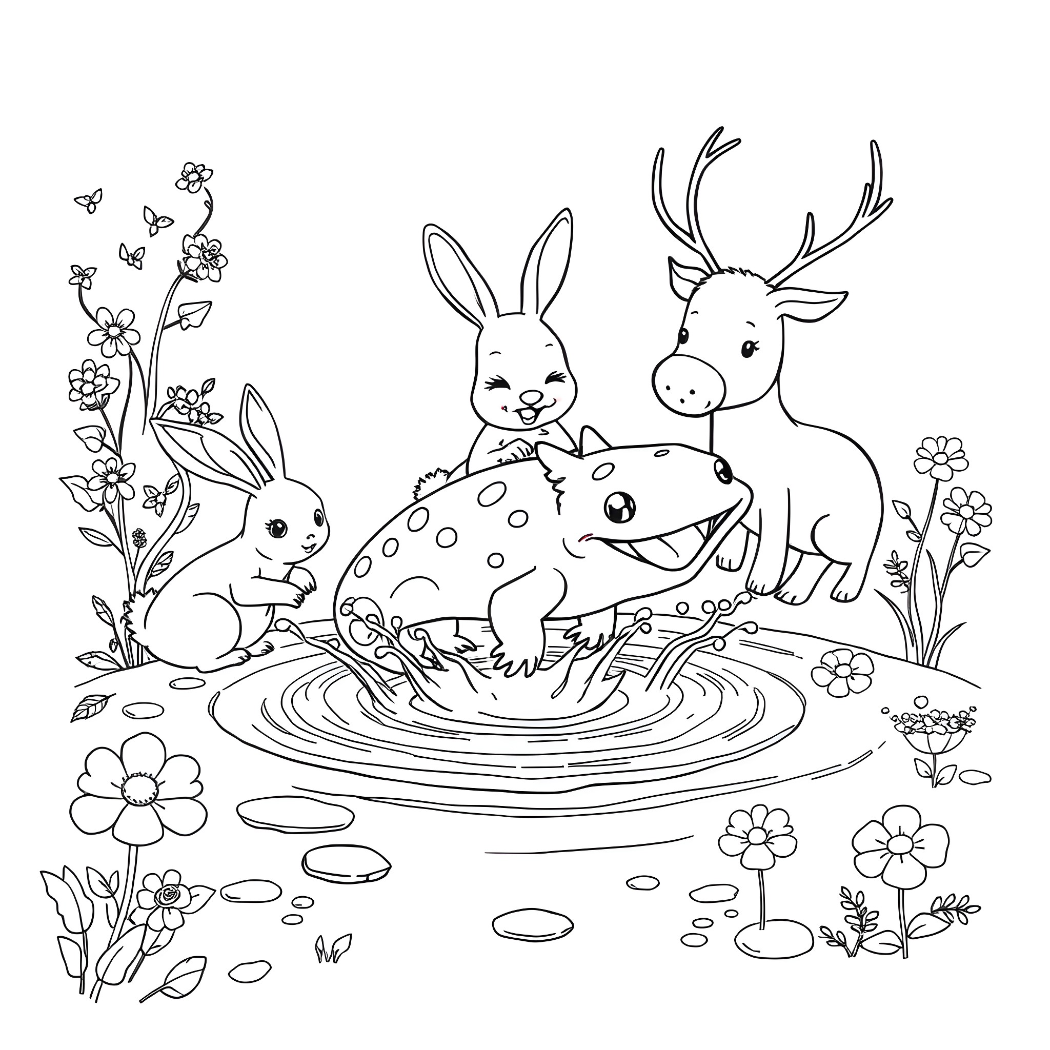 Axolotl and friends playing in the pond Coloring Page (free black-and-white line drawing printable PDF for all, from beginners to advanced learners, including children, teens, adults, and seniors)