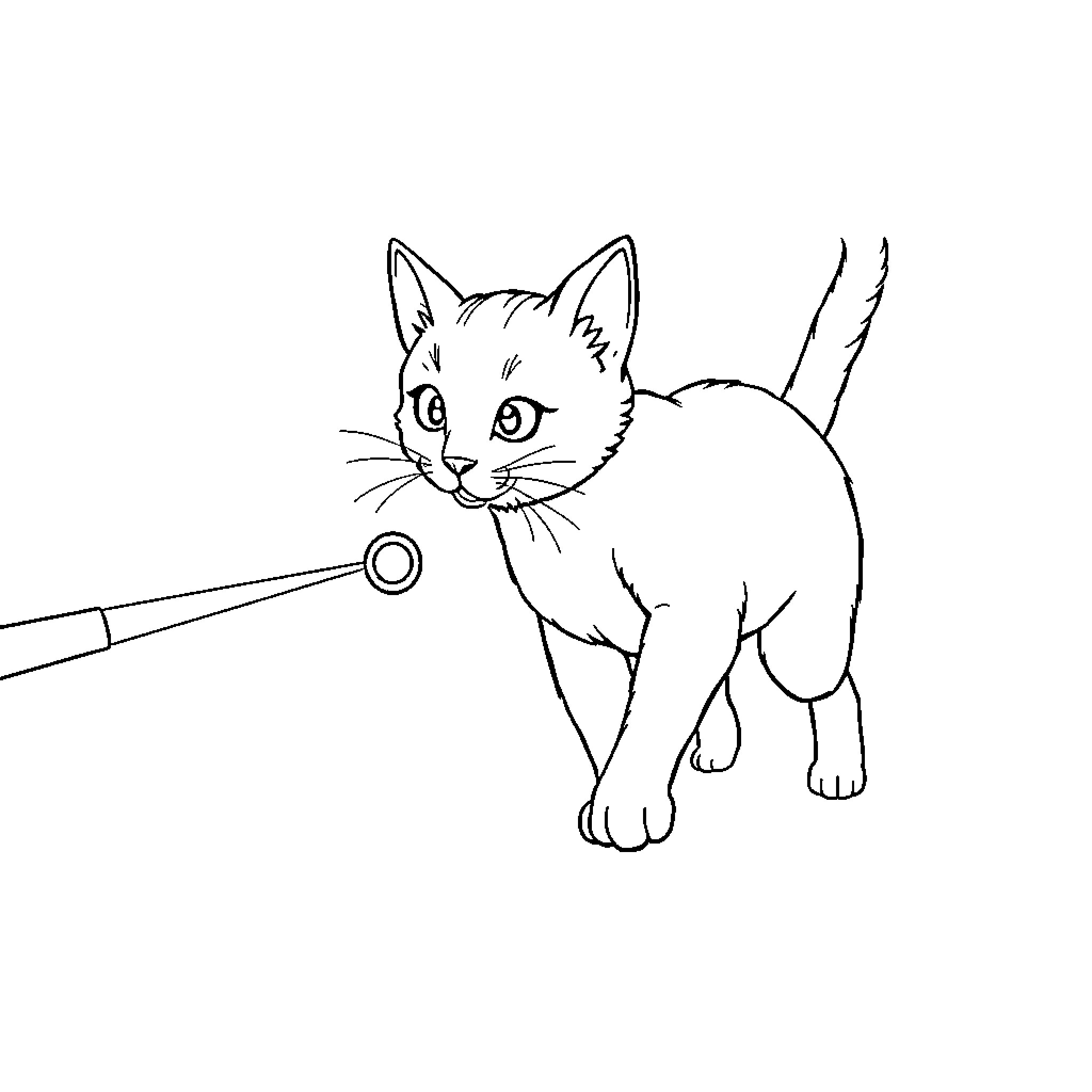 Cat playing with toy on a leash Coloring Page (free black-and-white line drawing printable PDF for all, from beginners to advanced learners, including children, teens, adults, and seniors)