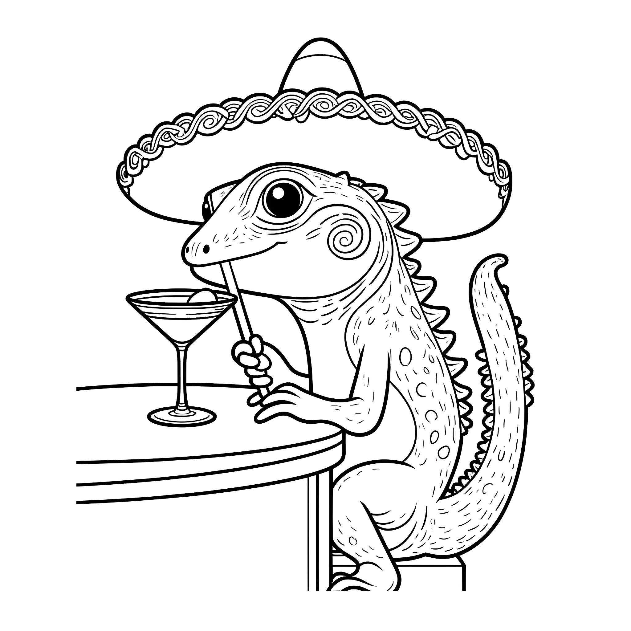 Lizard wearing sombrero enjoying cocktail Coloring Page (free black-and-white line drawing printable PDF for all, from beginners to advanced learners, including children, teens, adults, and seniors)