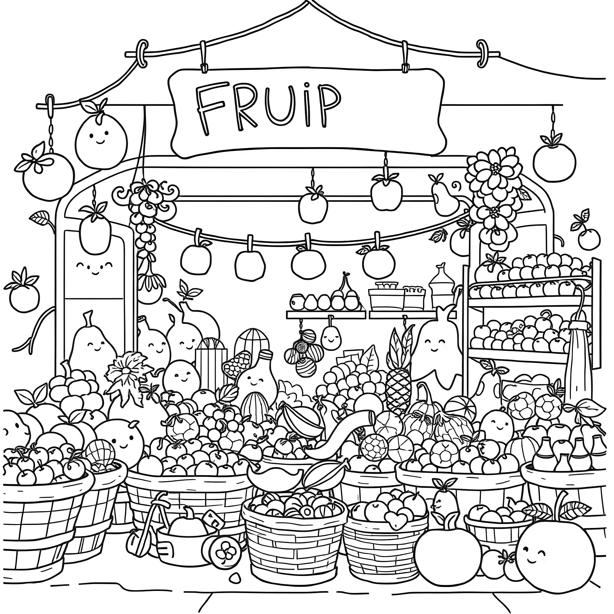 Fruit stall with friendly produce characters Coloring Page (free black-and-white line drawing printable PDF for all, from beginners to advanced learners, including children, teens, adults, and seniors)