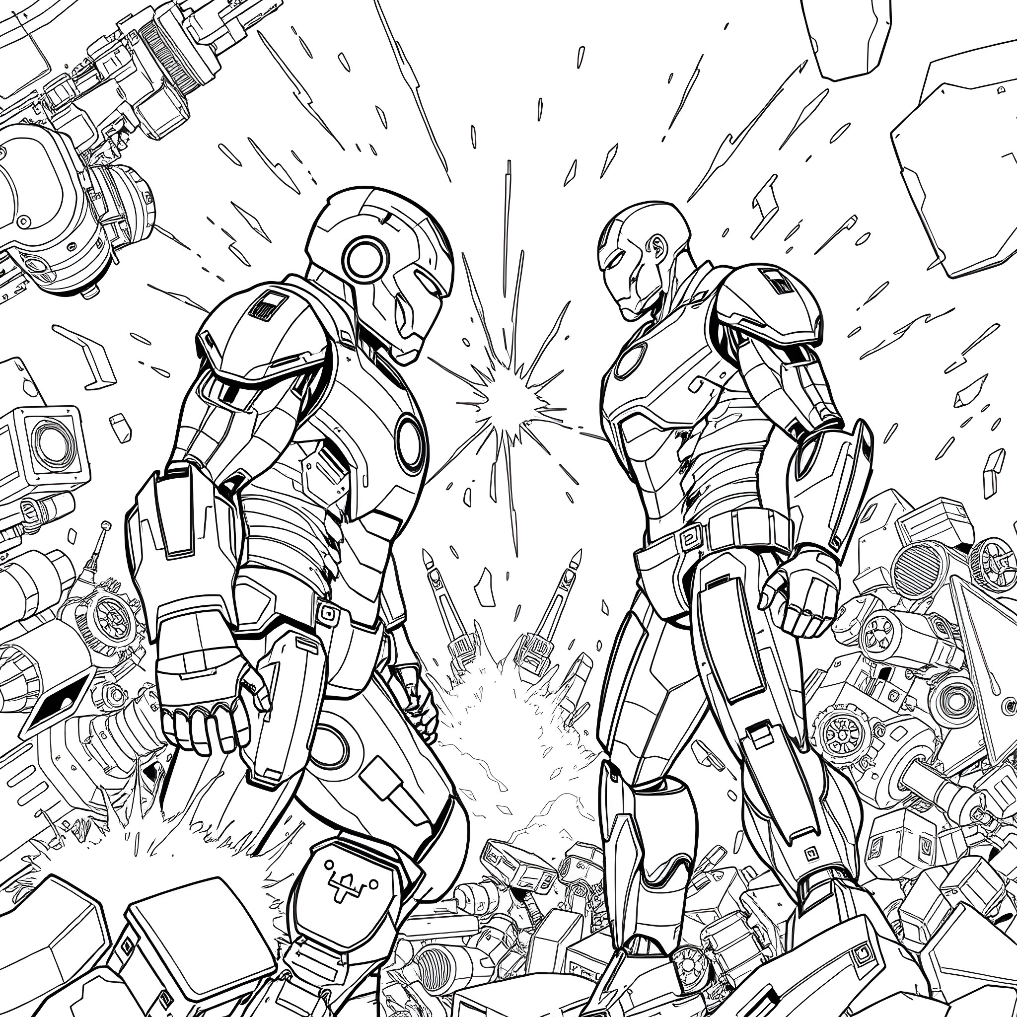 Iron Man characters in heroic action stance Coloring Page (free black-and-white line drawing printable PDF for all, from beginners to advanced learners, including children, teens, adults, and seniors)