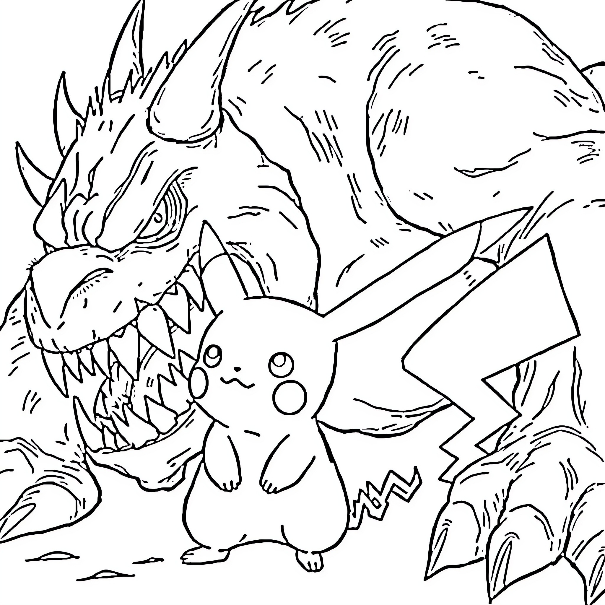 Pikachu facing a fearsome creature Coloring Page (free black-and-white line drawing printable PDF for all, from beginners to advanced learners, including children, teens, adults, and seniors)