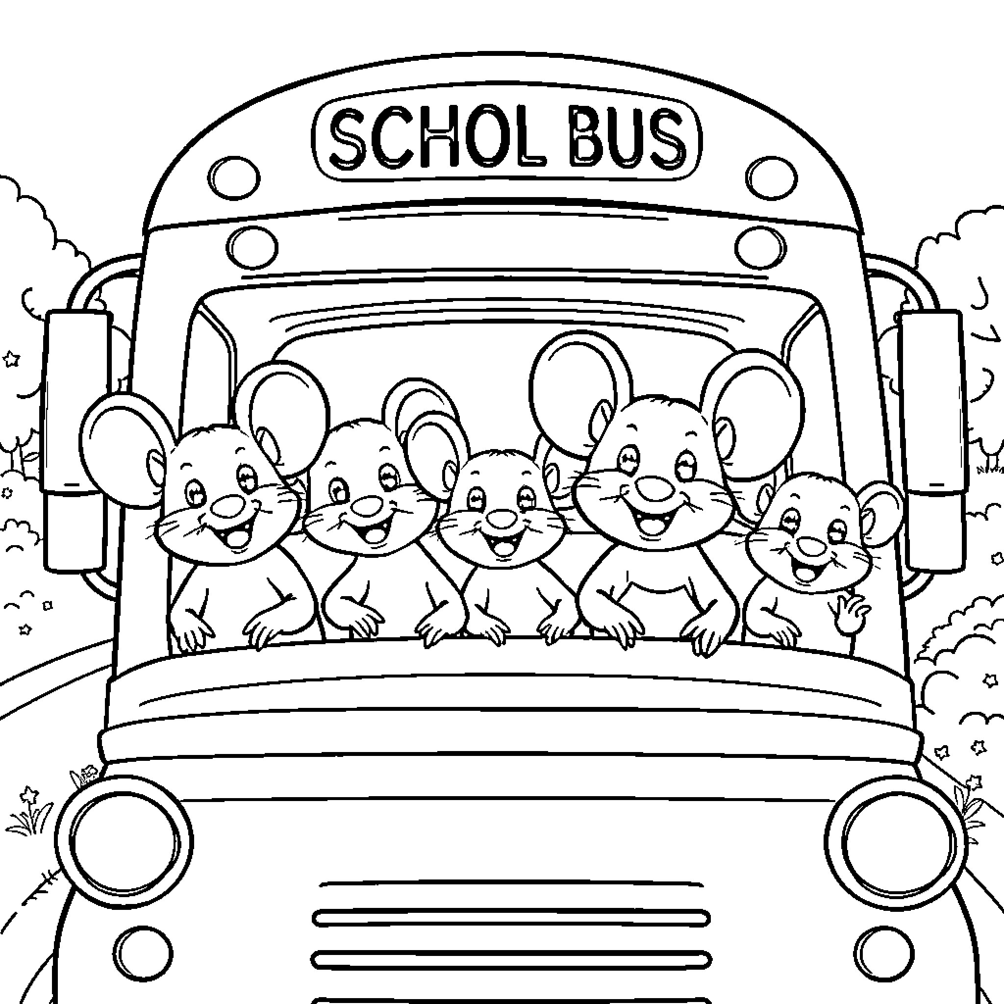 Mouse students on a school bus trip Coloring Page (free black-and-white line drawing printable PDF for all, from beginners to advanced learners, including children, teens, adults, and seniors)