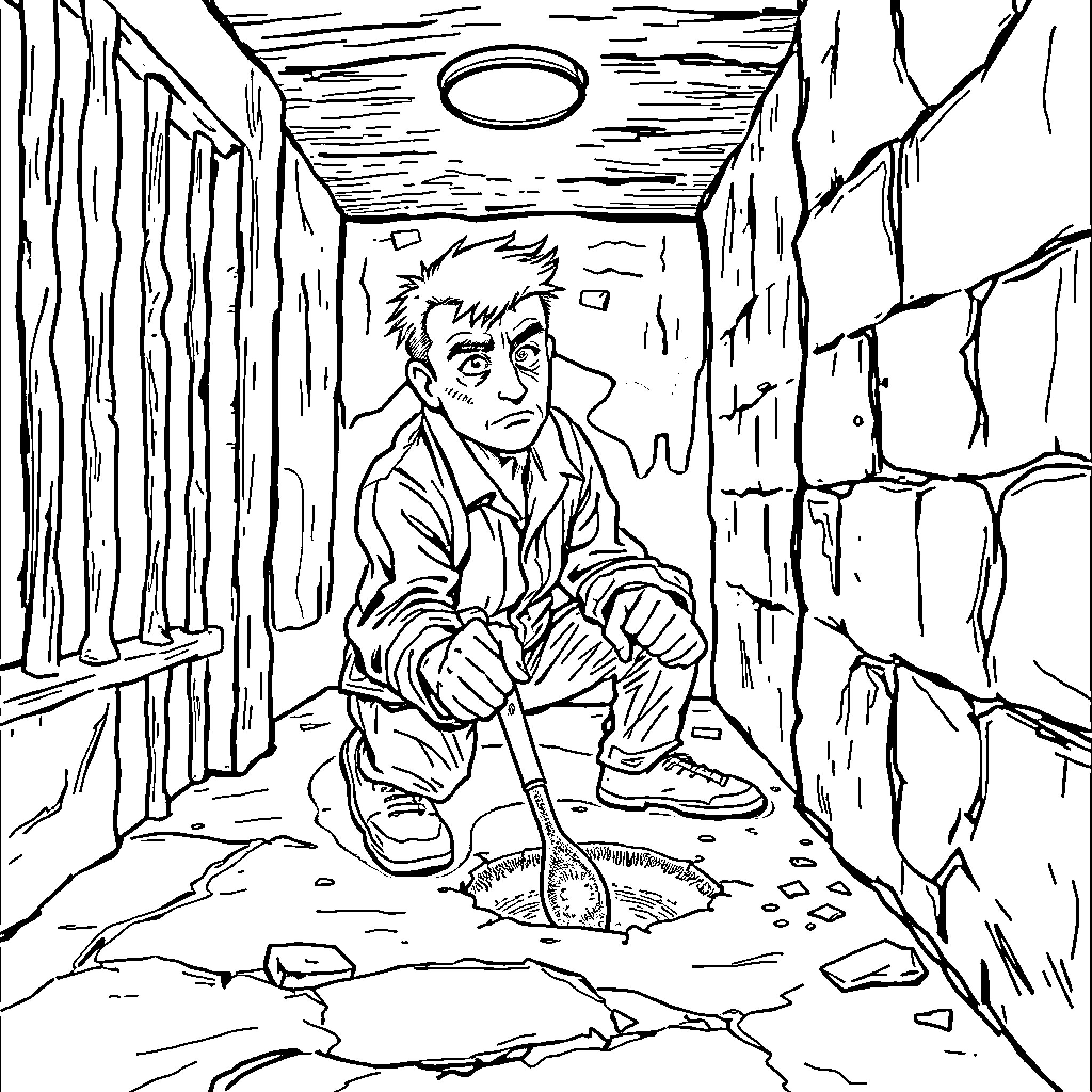 Prisoner sitting in a dilapidated cell Coloring Page (free black-and-white line drawing printable PDF for all, from beginners to advanced learners, including children, teens, adults, and seniors)