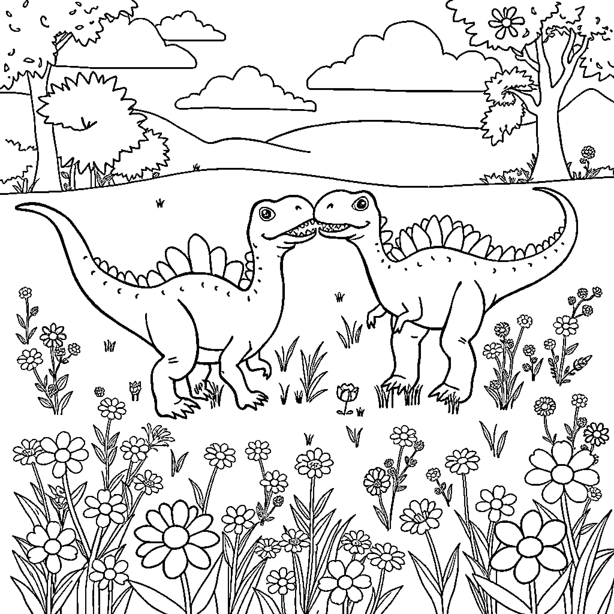 Dinosaurs exploring a lush, flower-filled landscape Coloring Page (free black-and-white line drawing printable PDF for all, from beginners to advanced learners, including children, teens, adults, and seniors)