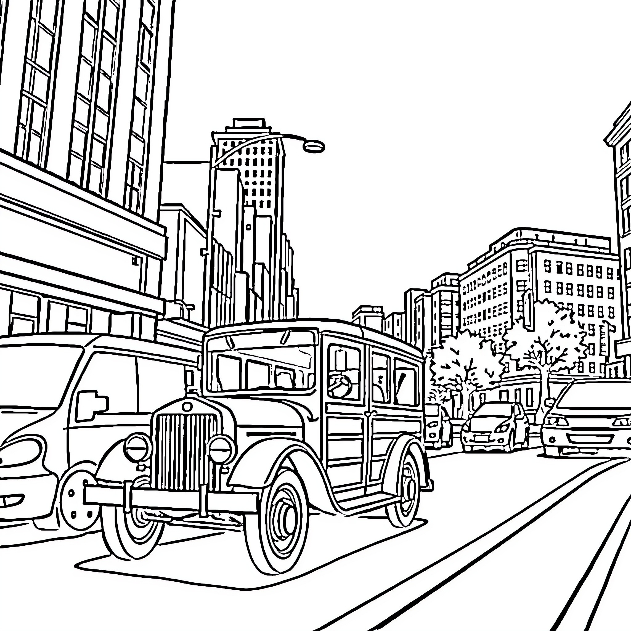 Wagon-shaped vehicles in bustling city street Coloring Page (free black-and-white line drawing printable PDF for all, from beginners to advanced learners, including children, teens, adults, and seniors)