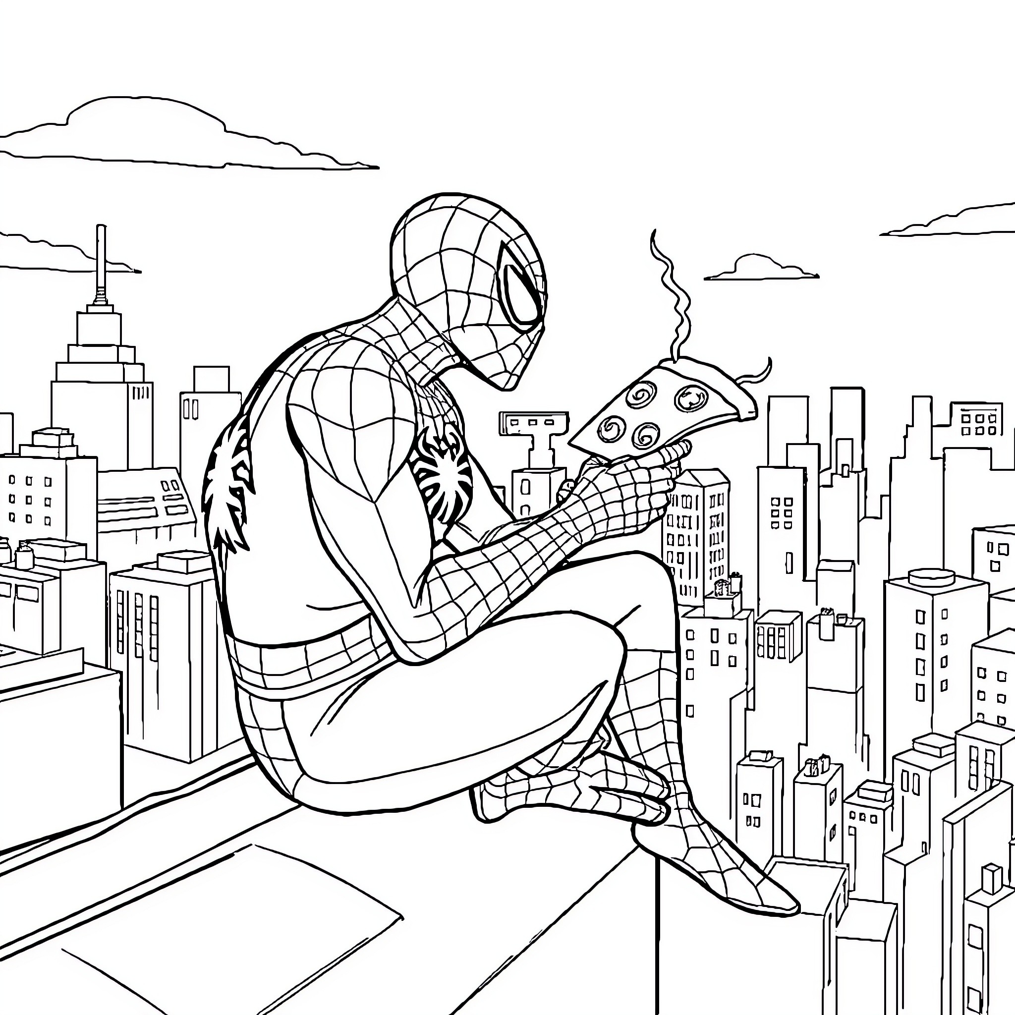 Spiderman overlooking the city skyline Coloring Page (free black-and-white line drawing printable PDF for all, from beginners to advanced learners, including children, teens, adults, and seniors)