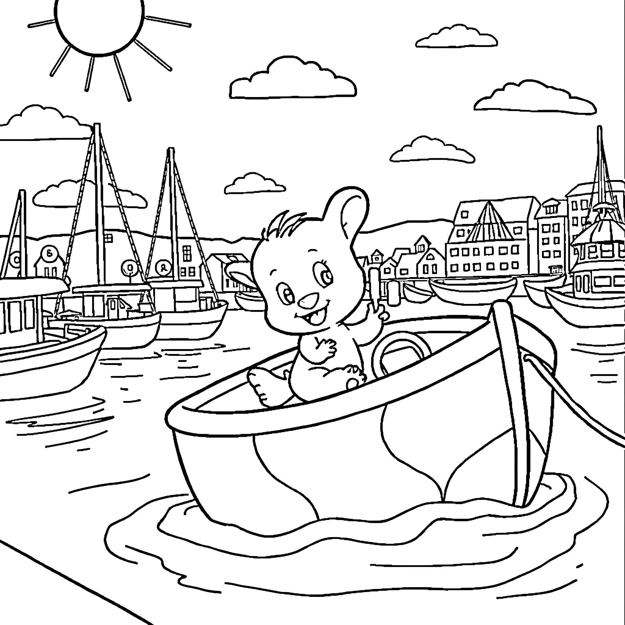 Bluey enjoying a boat ride by the harbor Coloring Page (free black-and-white line drawing printable PDF for all, from beginners to advanced learners, including children, teens, adults, and seniors)