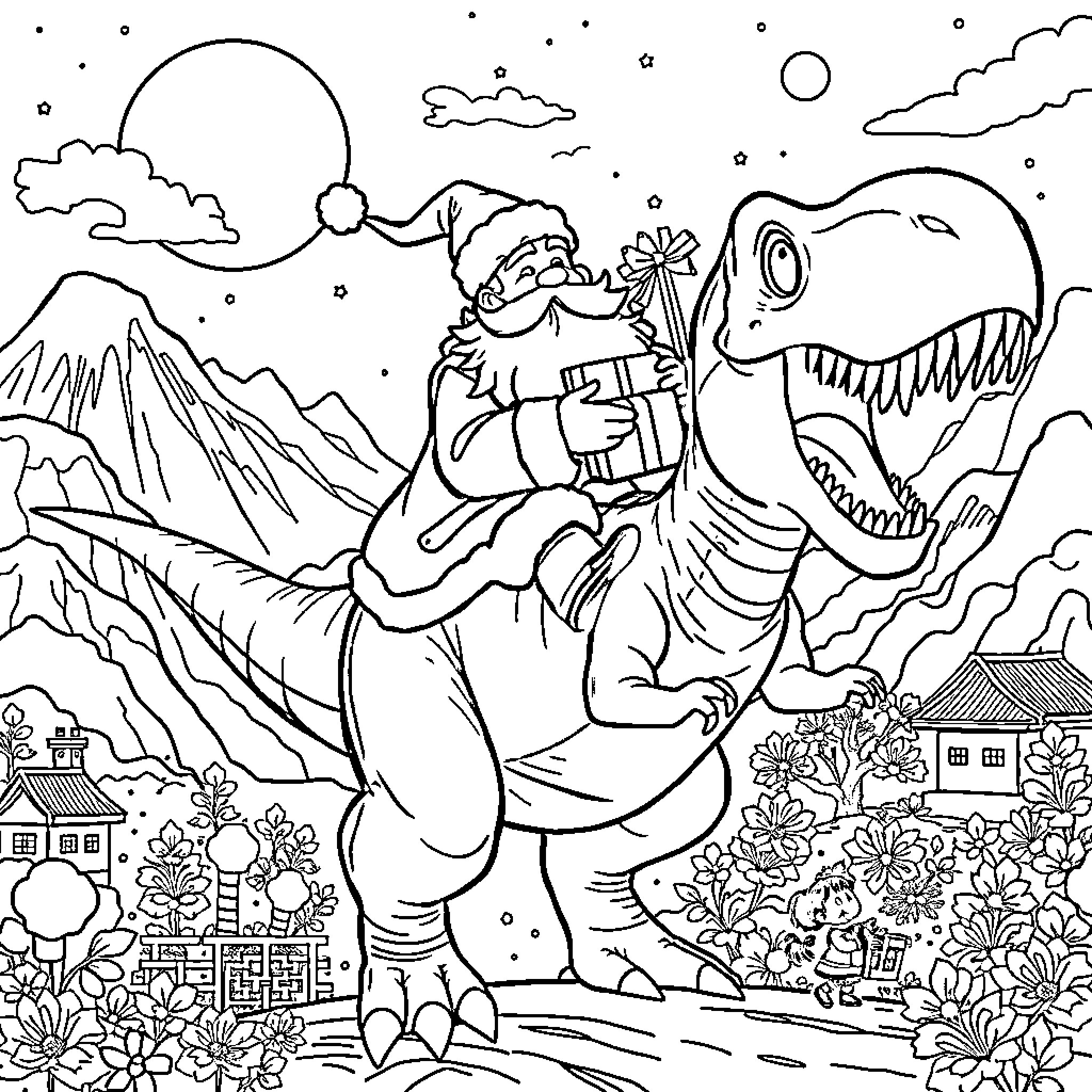 Santa Claus riding a dinosaur in a snowy landscape Coloring Page (free black-and-white line drawing printable PDF for all, from beginners to advanced learners, including children, teens, adults, and seniors)