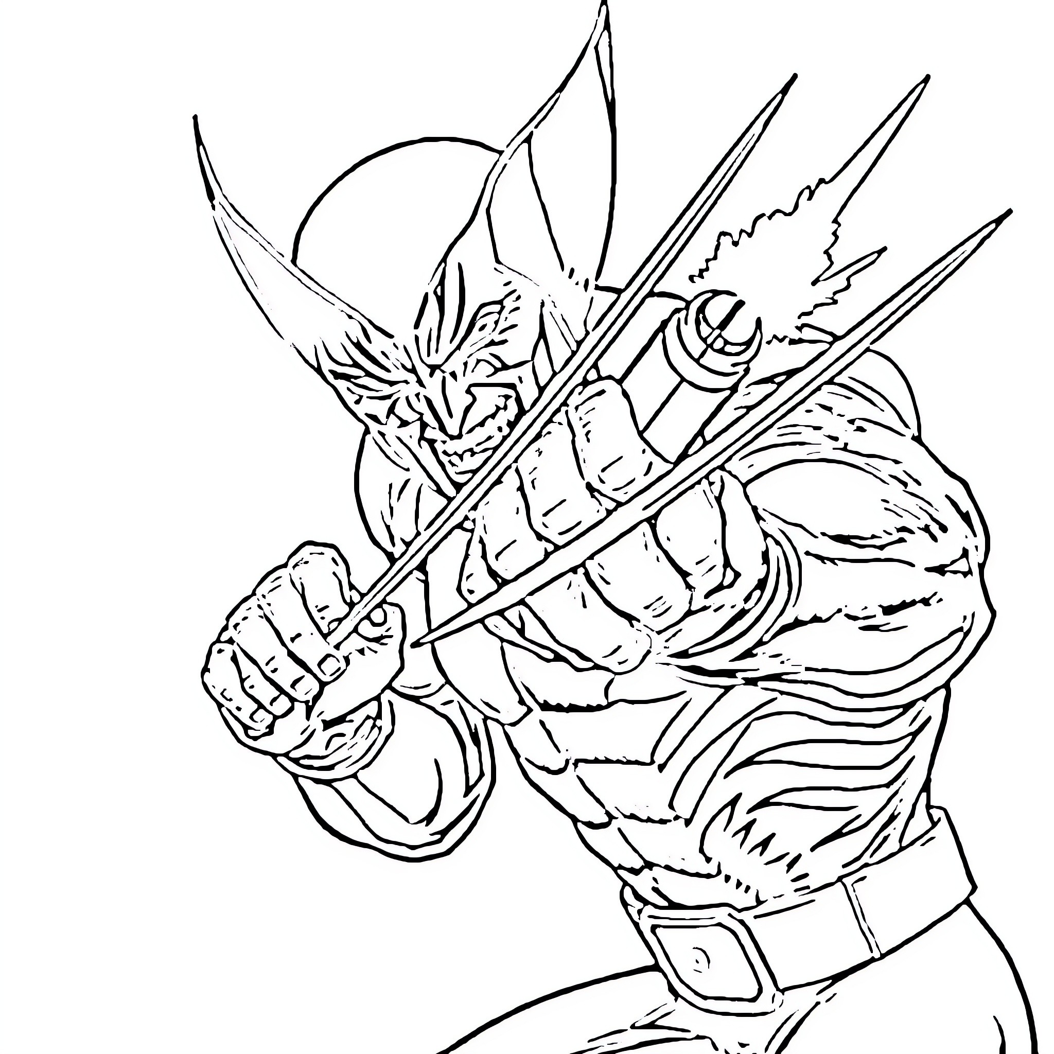 Wolverine fiercely wielding his claws in battle Coloring Page (free black-and-white line drawing printable PDF for all, from beginners to advanced learners, including children, teens, adults, and seniors)