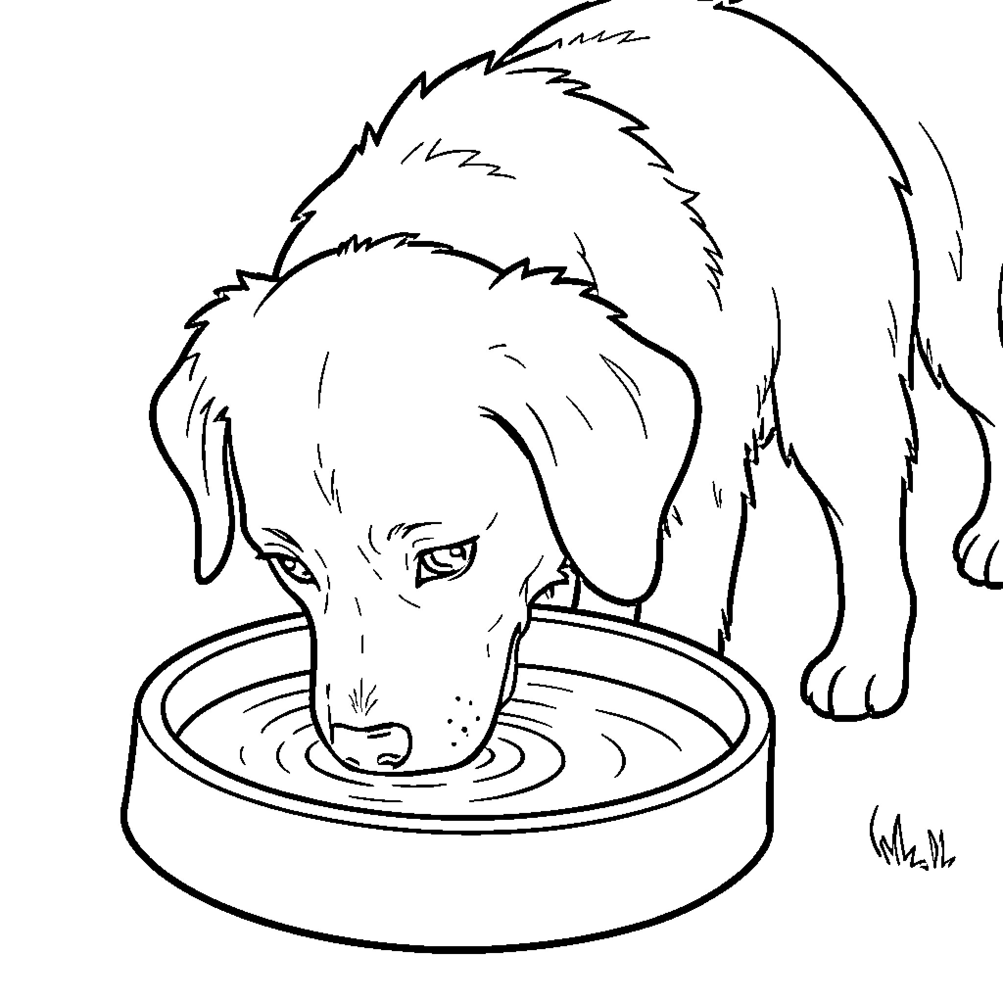 Dog drinking water from a bowl Coloring Page (free black-and-white line drawing printable PDF for all, from beginners to advanced learners, including children, teens, adults, and seniors)