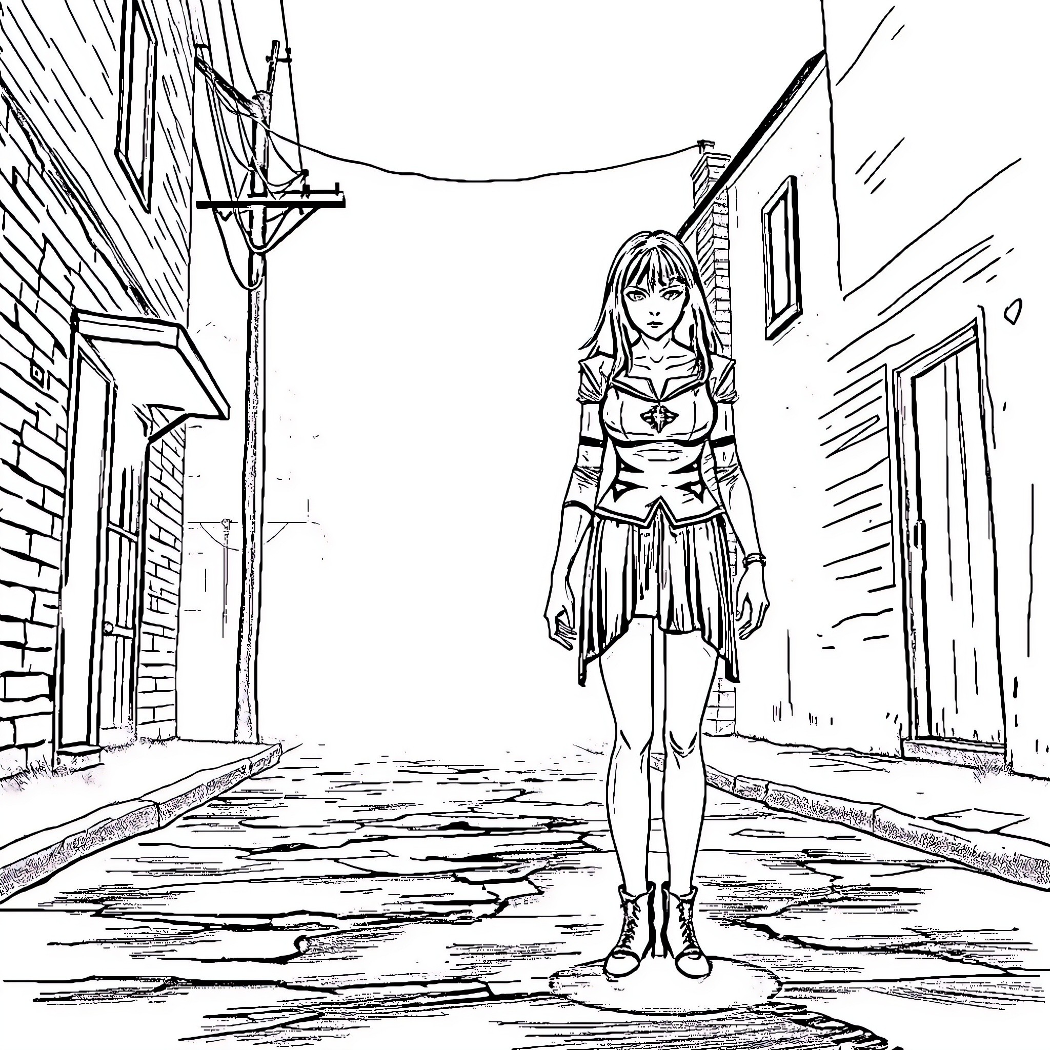 Mary walking through the city street Coloring Page (free black-and-white line drawing printable PDF for all, from beginners to advanced learners, including children, teens, adults, and seniors)