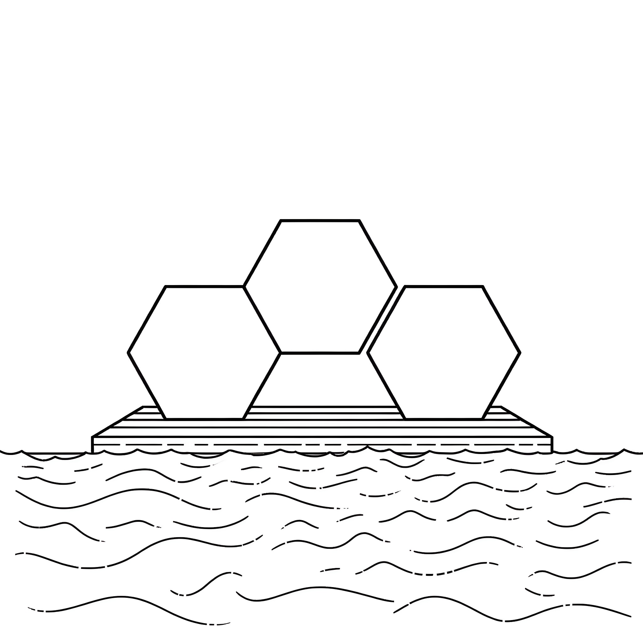 Hexagon figures floating on wavy water Coloring Page (free black-and-white line drawing printable PDF for all, from beginners to advanced learners, including children, teens, adults, and seniors)