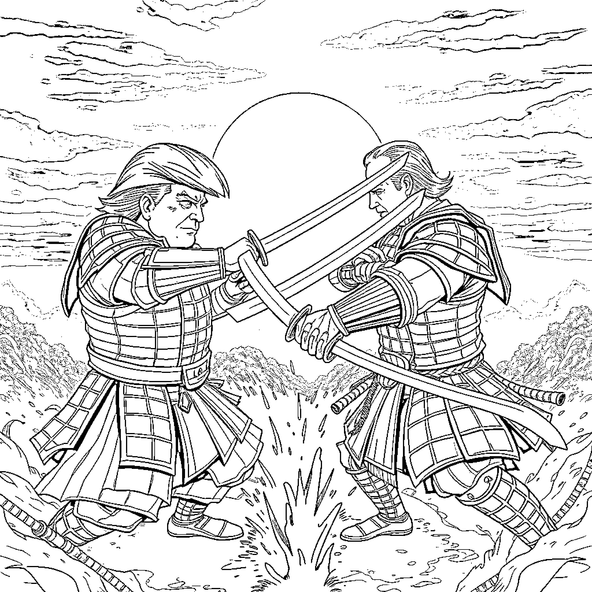 Samurai Warriors Engaged in Fierce Battle Coloring Page (free black-and-white line drawing printable PDF for all, from beginners to advanced learners, including children, teens, adults, and seniors)