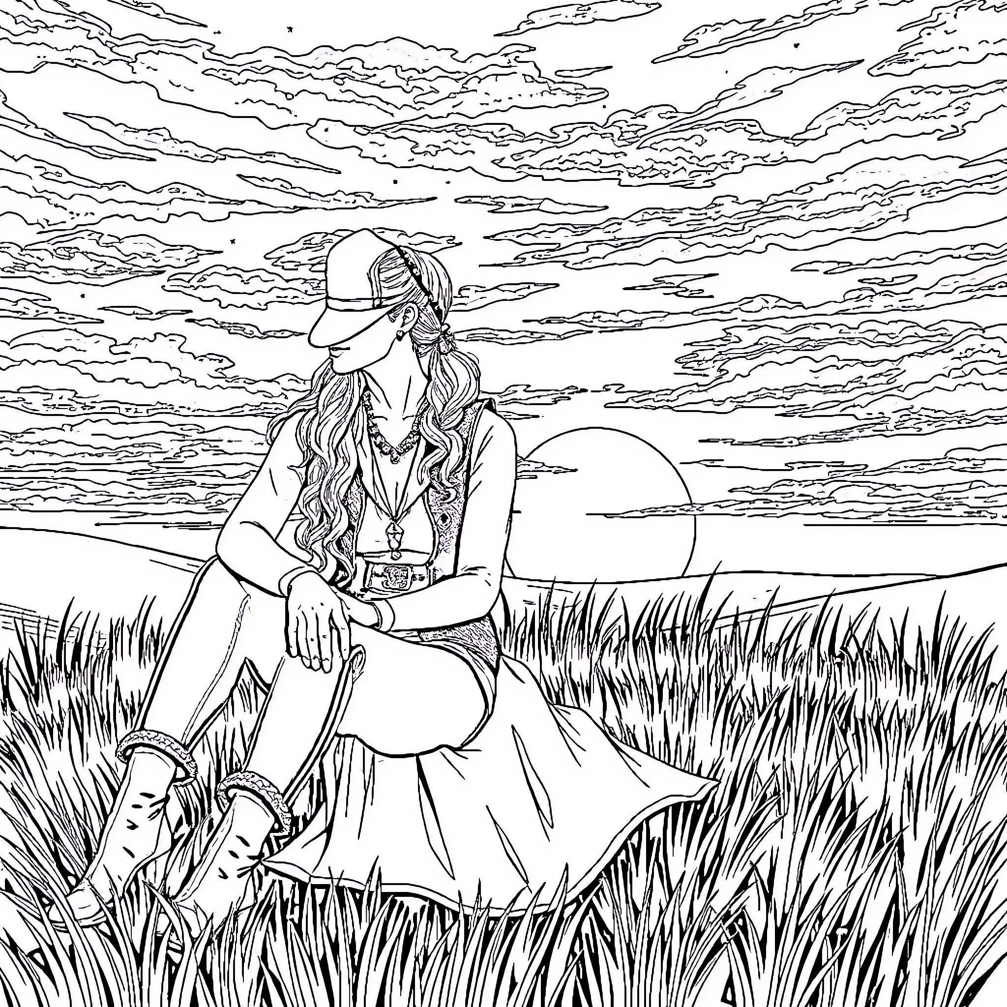 Wynonna Earp traverses the rugged landscape Coloring Page (free black-and-white line drawing printable PDF for all, from beginners to advanced learners, including children, teens, adults, and seniors)