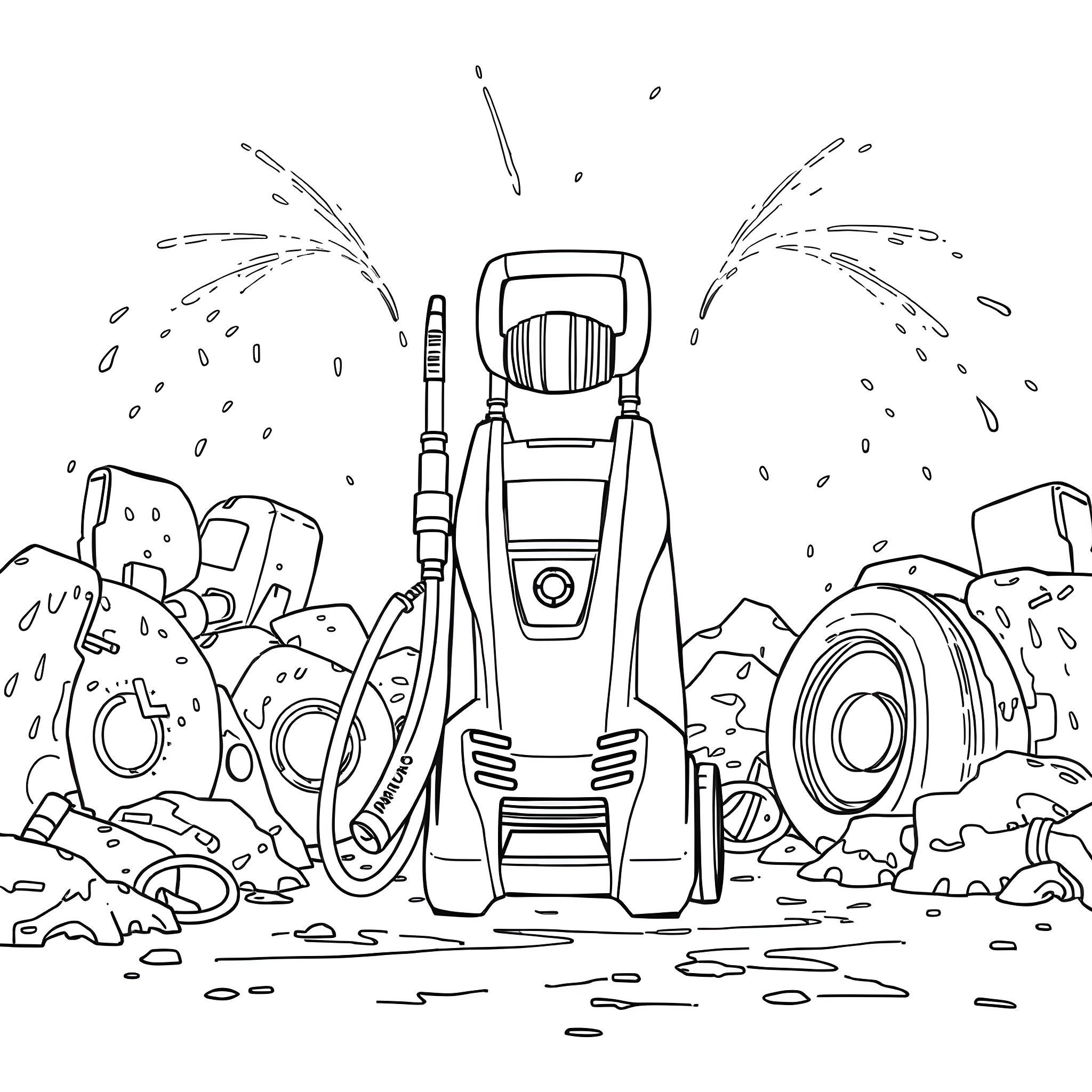 Power Washer Cleaning Debris in the Outdoors Coloring Page (free black-and-white line drawing printable PDF for all, from beginners to advanced learners, including children, teens, adults, and seniors)