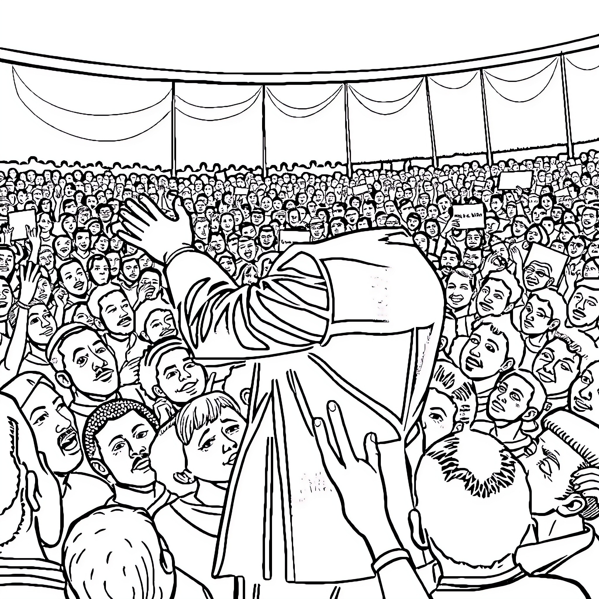 Martin Luther King Jr. addressing a large crowd Coloring Page (free black-and-white line drawing printable PDF for all, from beginners to advanced learners, including children, teens, adults, and seniors)