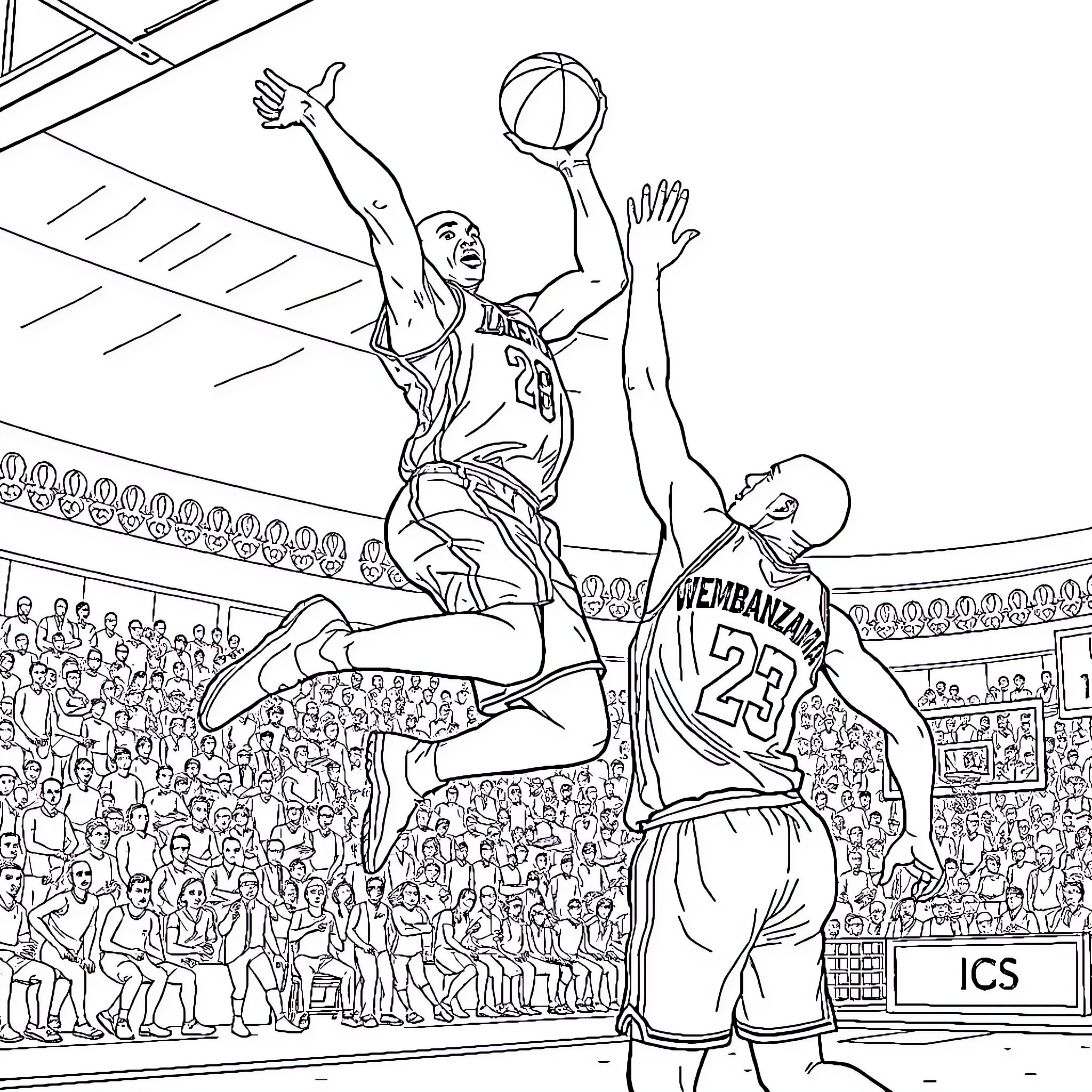 Kobe Bryant in action on basketball court Coloring Page (free black-and-white line drawing printable PDF for all, from beginners to advanced learners, including children, teens, adults, and seniors)