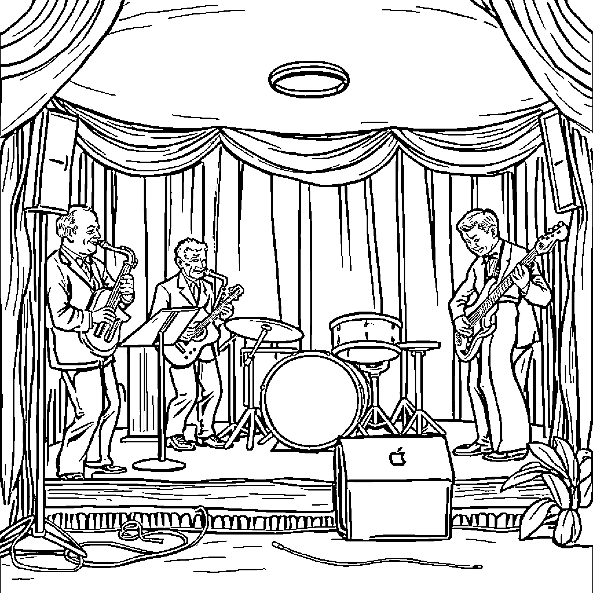 Jazzband performing on stage with expressive musicians Coloring Page (free black-and-white line drawing printable PDF for all, from beginners to advanced learners, including children, teens, adults, and seniors)