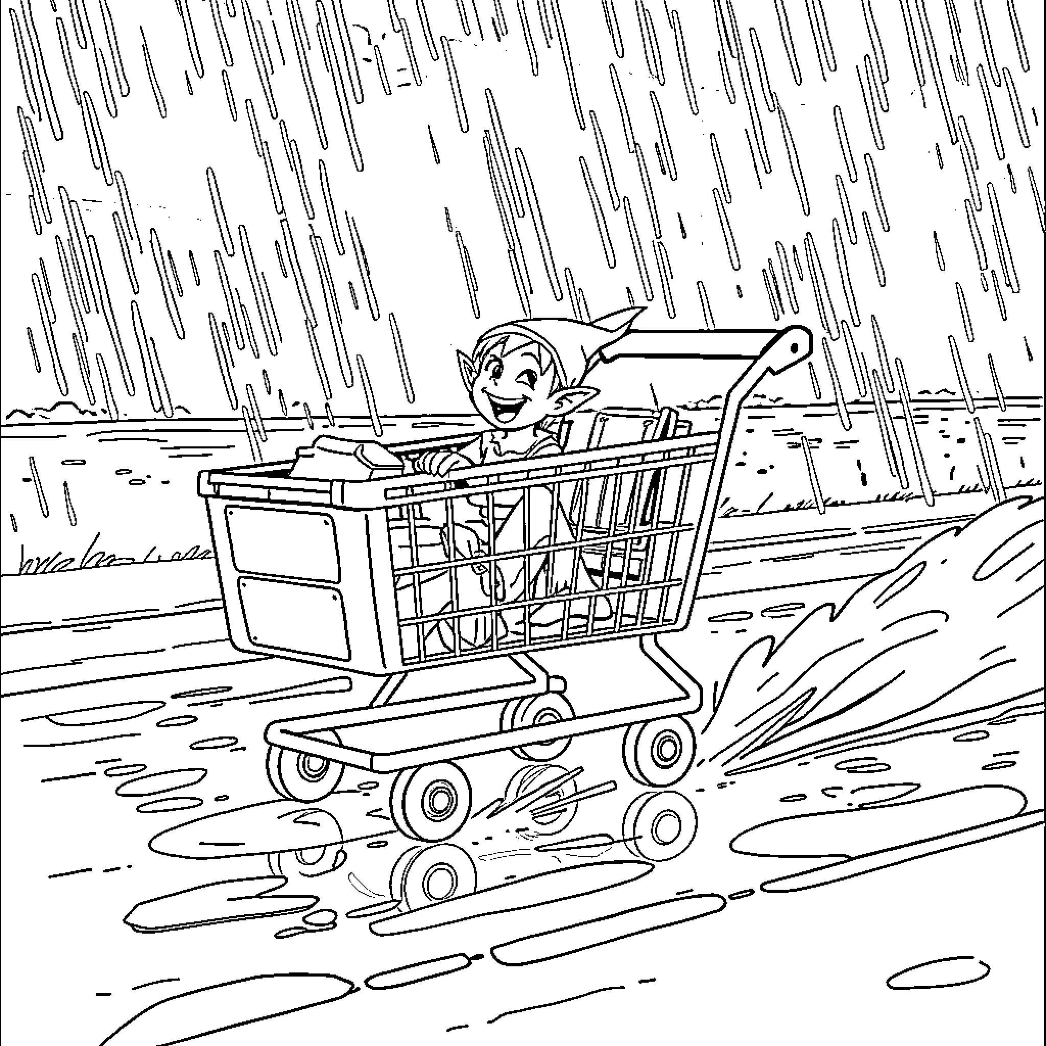 Shopping Cart with Playful Character on the Move Coloring Page (free black-and-white line drawing printable PDF for all, from beginners to advanced learners, including children, teens, adults, and seniors)