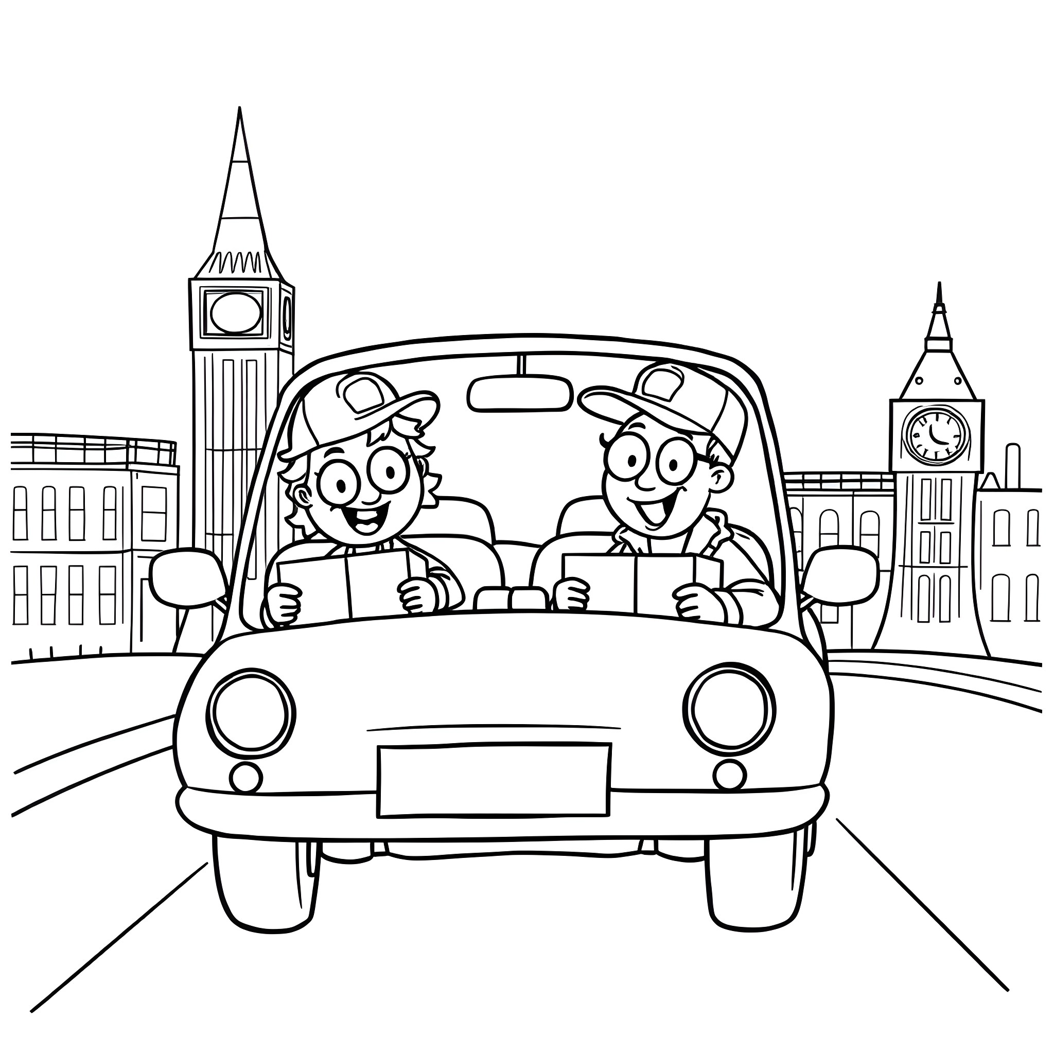 Car ride in the city with cartoon characters Coloring Page (free black-and-white line drawing printable PDF for all, from beginners to advanced learners, including children, teens, adults, and seniors)