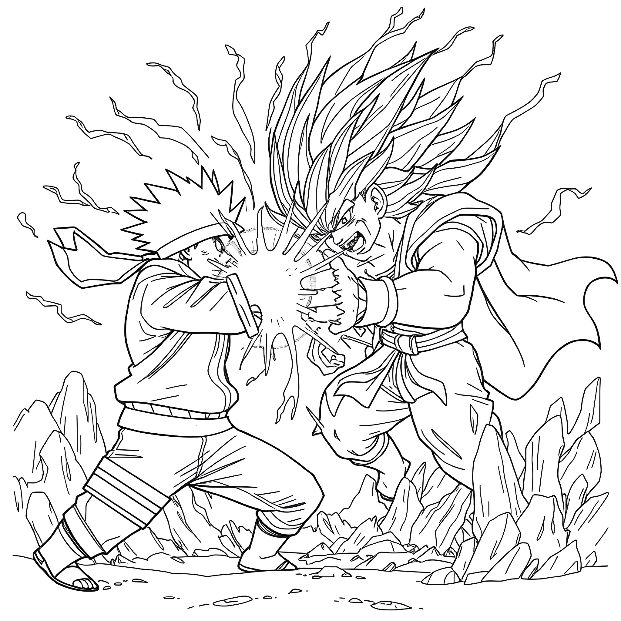 Naruto and Sasuke Engaging in Intense Combat Coloring Page (free black-and-white line drawing printable PDF for all, from beginners to advanced learners, including children, teens, adults, and seniors)