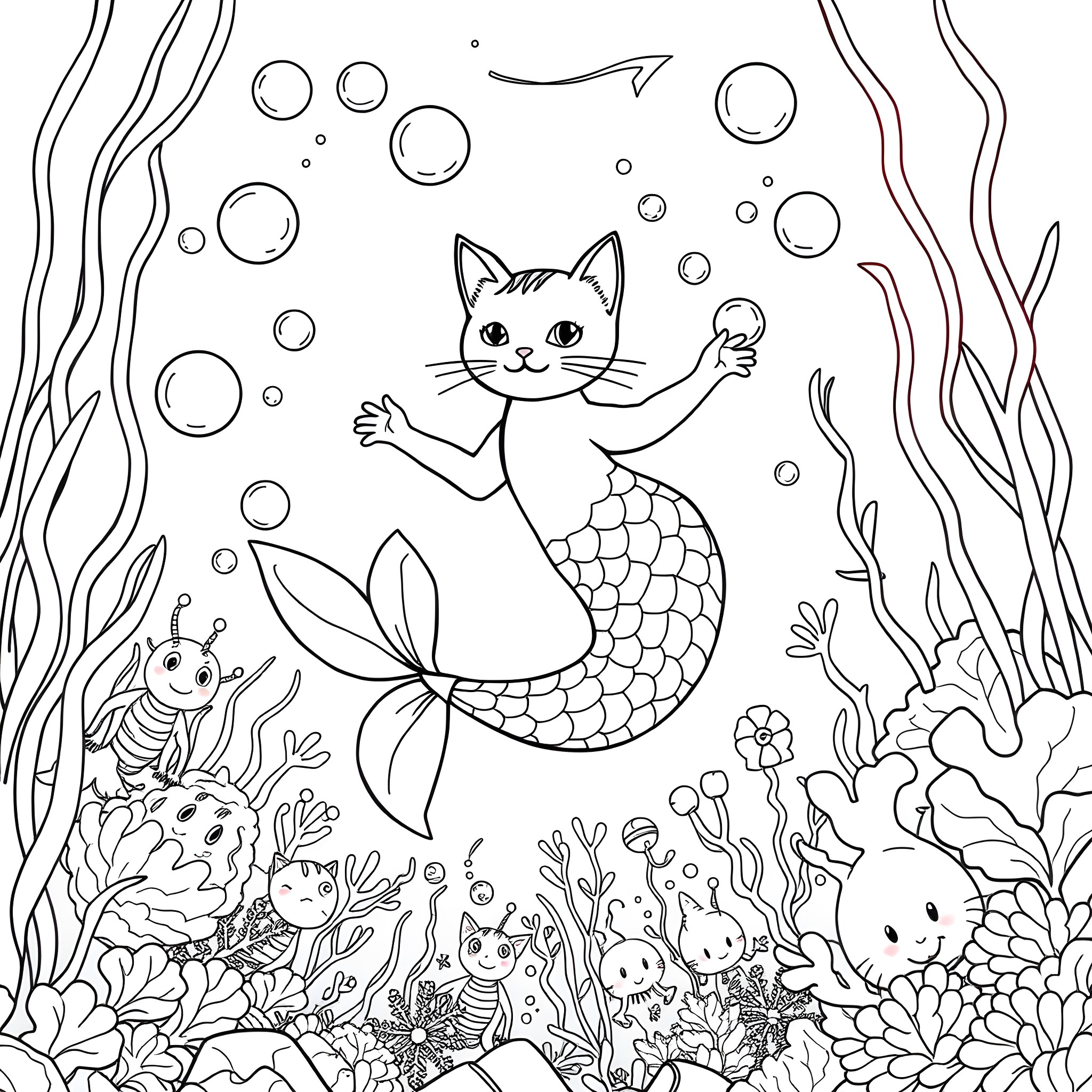 Cat mermaid playing in the underwater ocean Coloring Page (free black-and-white line drawing printable PDF for all, from beginners to advanced learners, including children, teens, adults, and seniors)