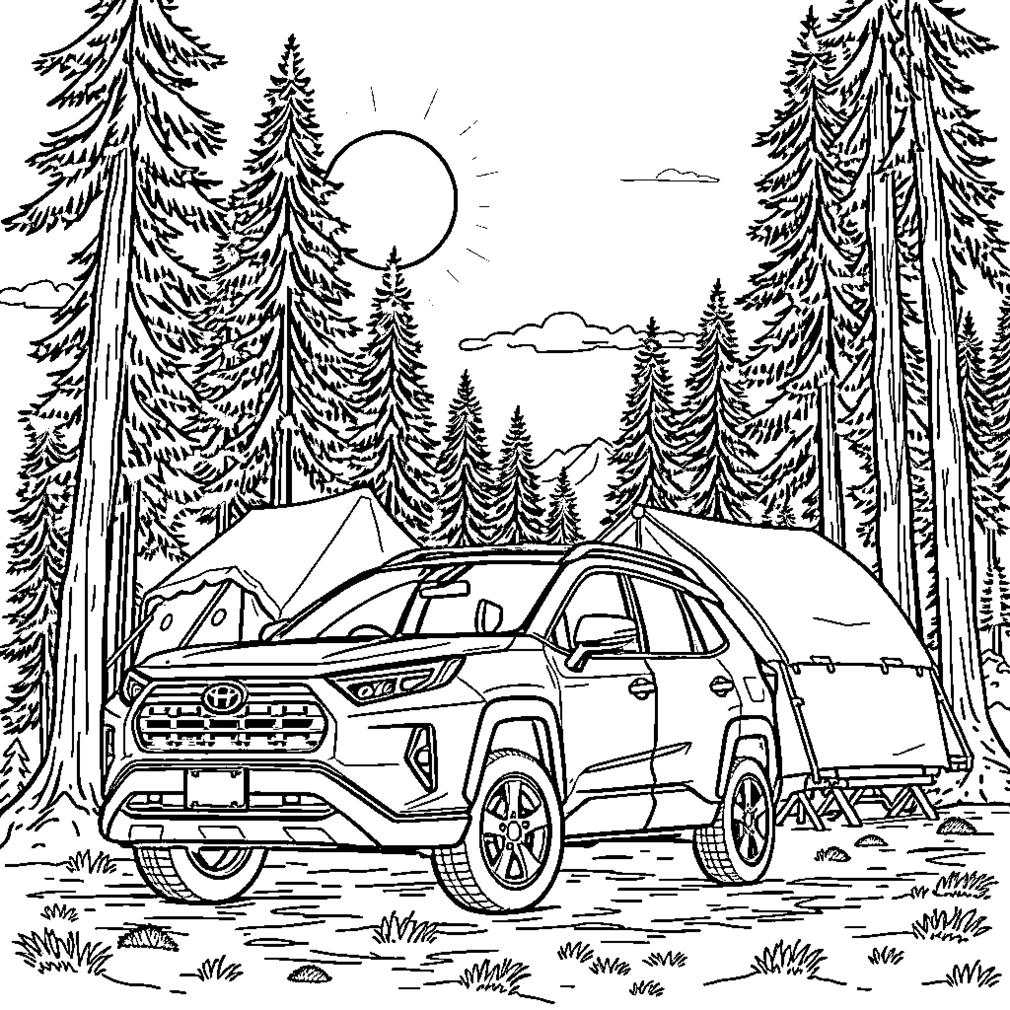 Rav4 camping adventure in the forest Coloring Page (free black-and-white line drawing printable PDF for all, from beginners to advanced learners, including children, teens, adults, and seniors)