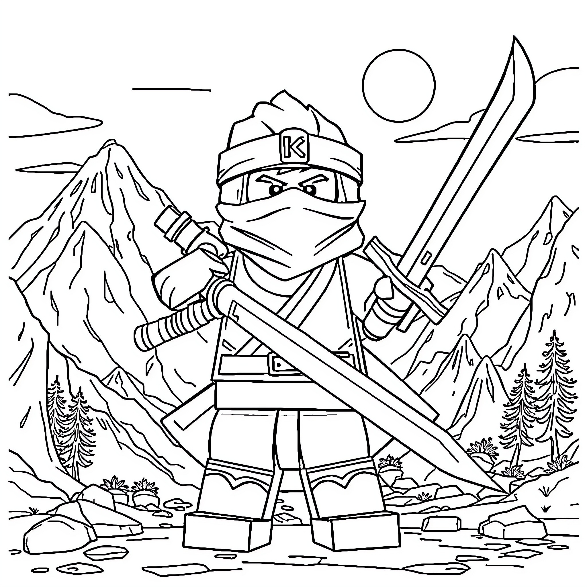 Kai the Ninja Warrior Battles in the Mountains Coloring Page (free black-and-white line drawing printable PDF for all, from beginners to advanced learners, including children, teens, adults, and seniors)