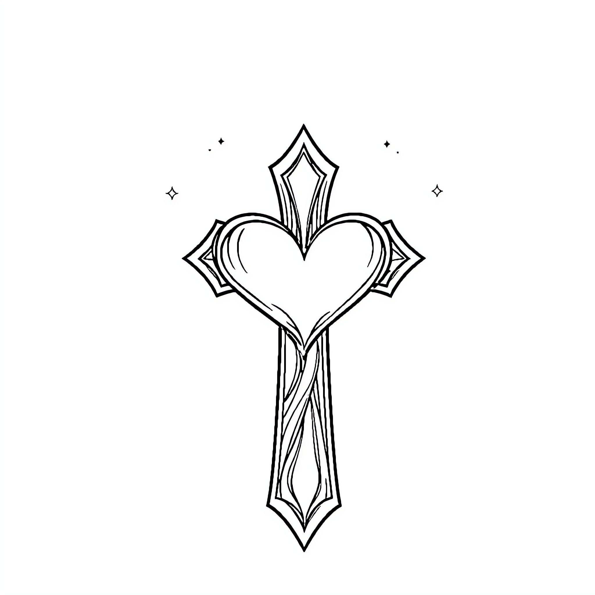 Heart-shaped Cross with Ornamental Design Coloring Page (free black-and-white line drawing printable PDF for all, from beginners to advanced learners, including children, teens, adults, and seniors)