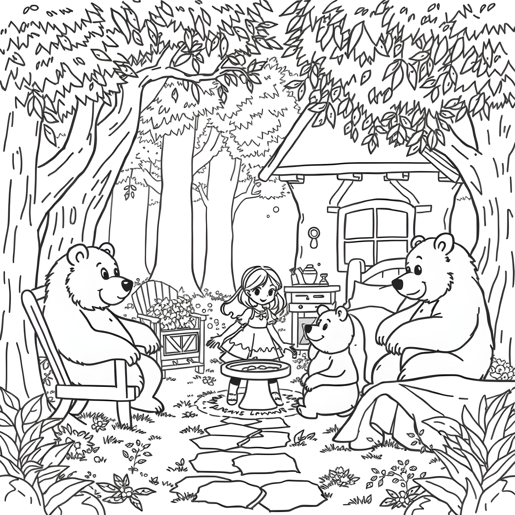 Goldilocks and the Three Bears in the Enchanted Forest Coloring Page (free black-and-white line drawing printable PDF for all, from beginners to advanced learners, including children, teens, adults, and seniors)