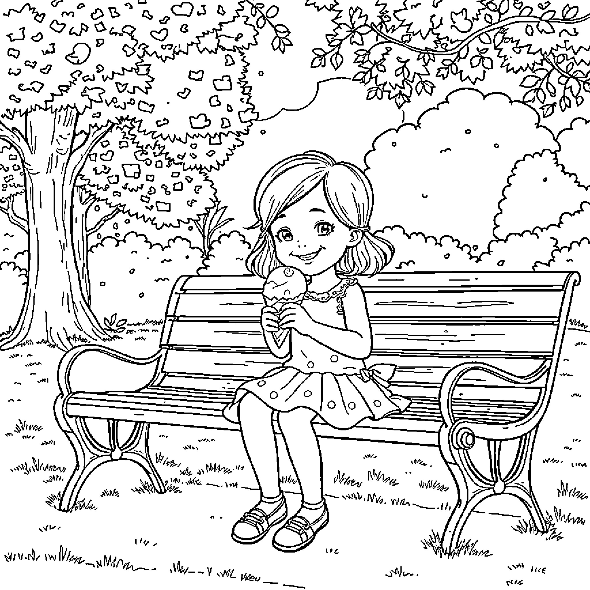 Girl relaxing on a park bench under a tree Coloring Page (free black-and-white line drawing printable PDF for all, from beginners to advanced learners, including children, teens, adults, and seniors)