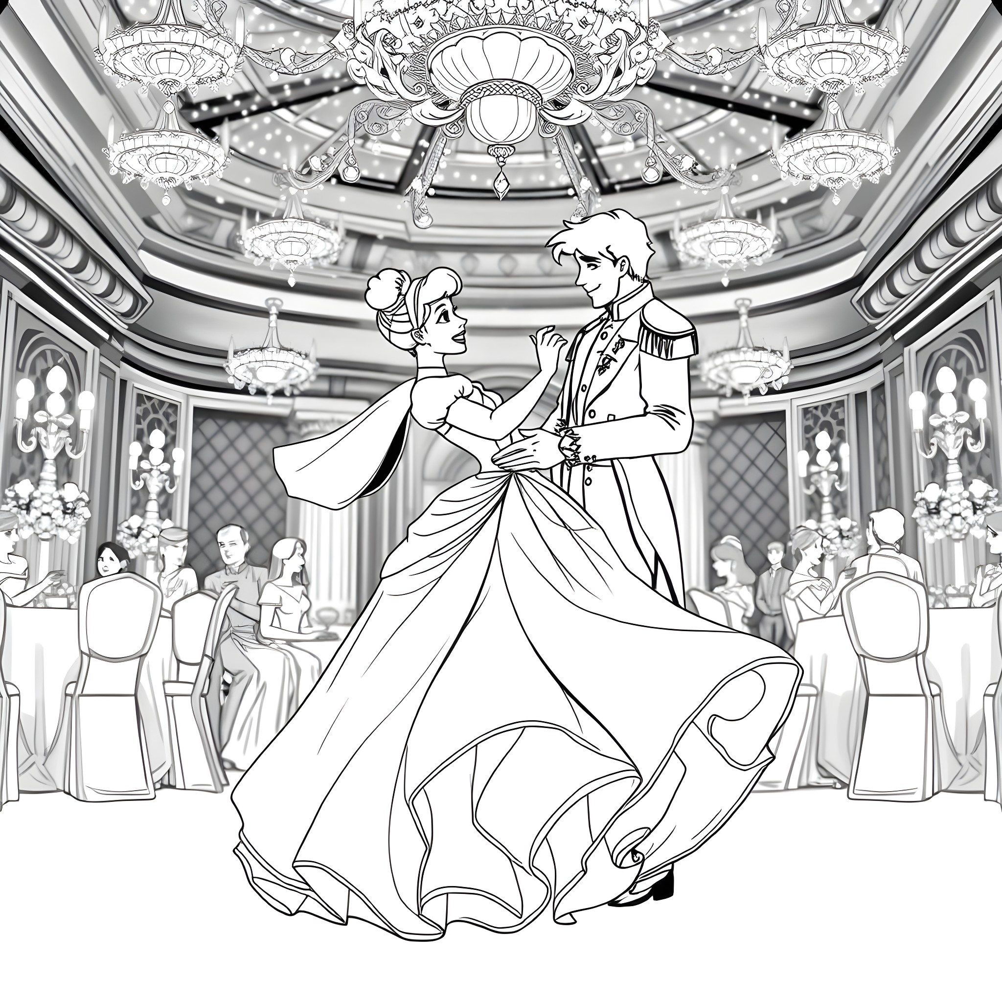 Cinderella's grand ballroom dance with the prince Coloring Page (free black-and-white line drawing printable PDF for all, from beginners to advanced learners, including children, teens, adults, and seniors)