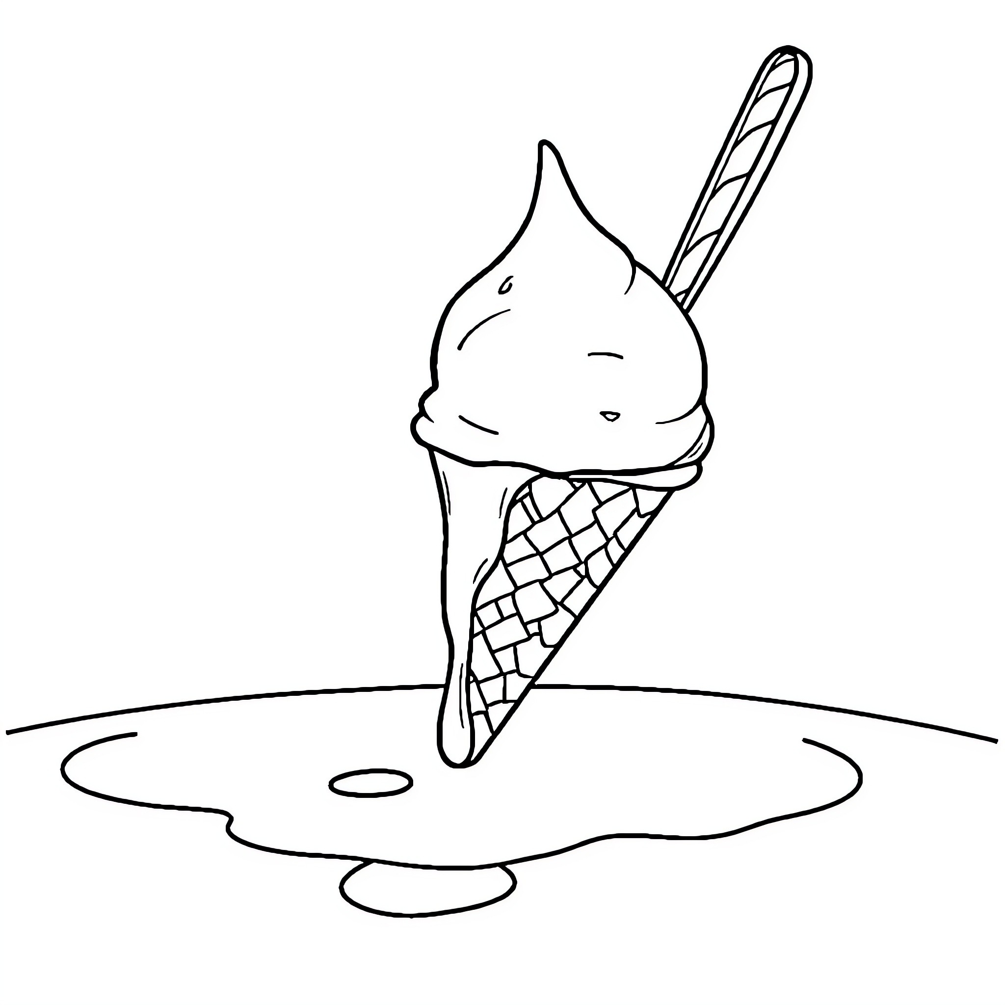 Ice Cream Cone in Puddle Coloring Page (free black-and-white line drawing printable PDF for all, from beginners to advanced learners, including children, teens, adults, and seniors)