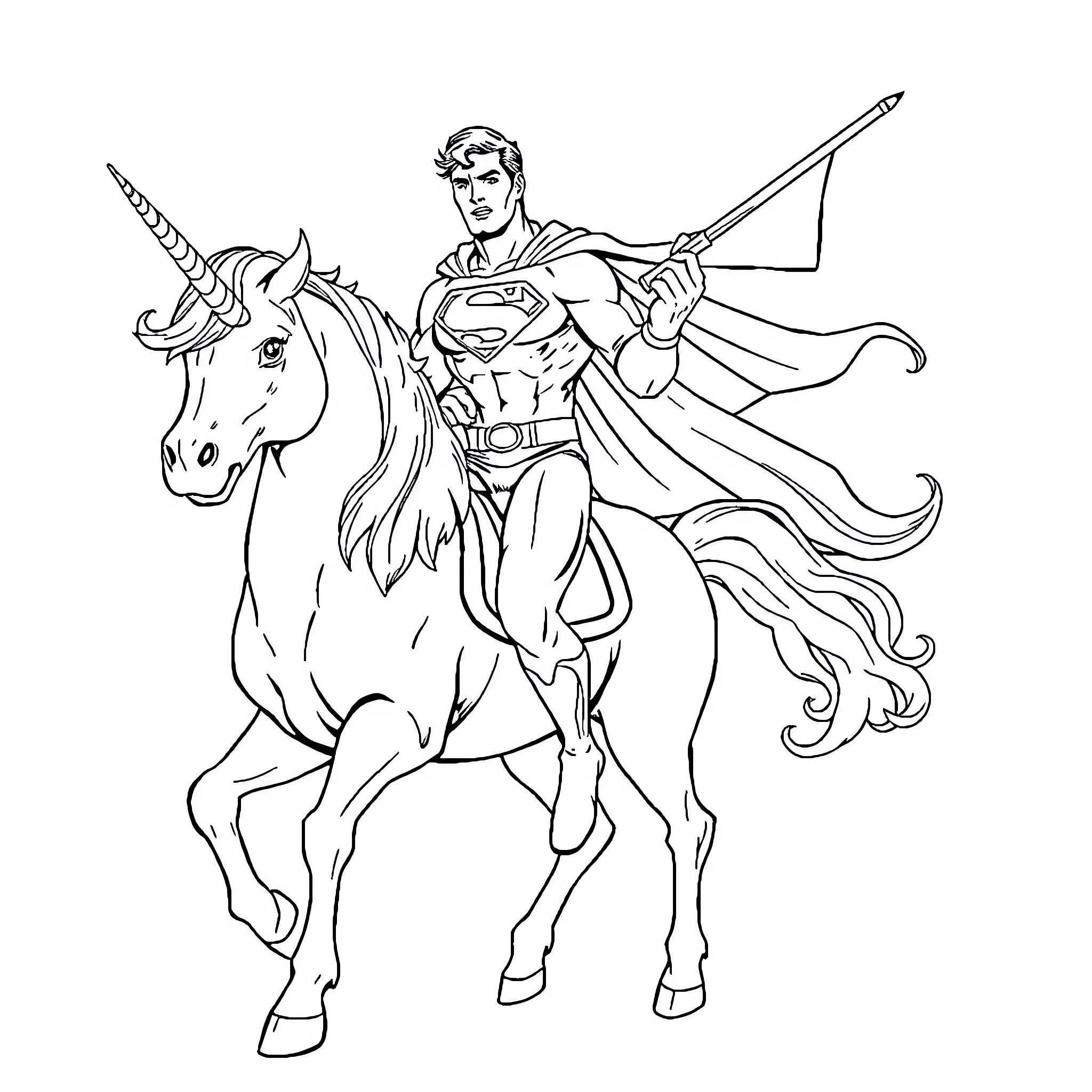 Superman riding a unicorn with heroic stance Coloring Page (free black-and-white line drawing printable PDF for all, from beginners to advanced learners, including children, teens, adults, and seniors)