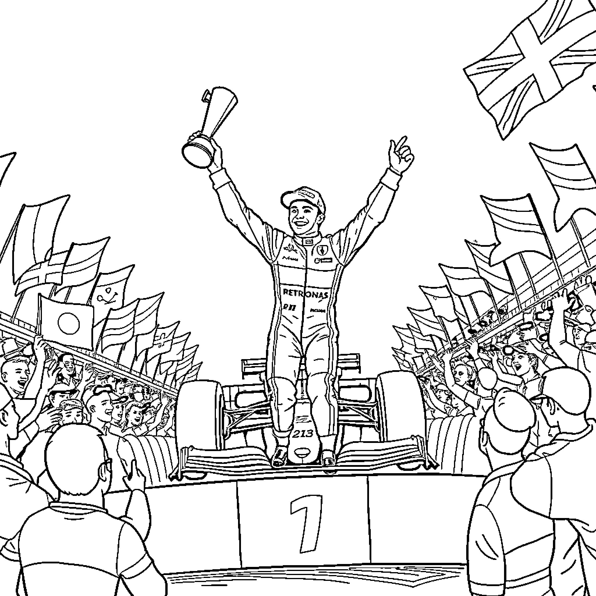 Lando Norris celebrating Formula 1 race victory Coloring Page (free black-and-white line drawing printable PDF for all, from beginners to advanced learners, including children, teens, adults, and seniors)