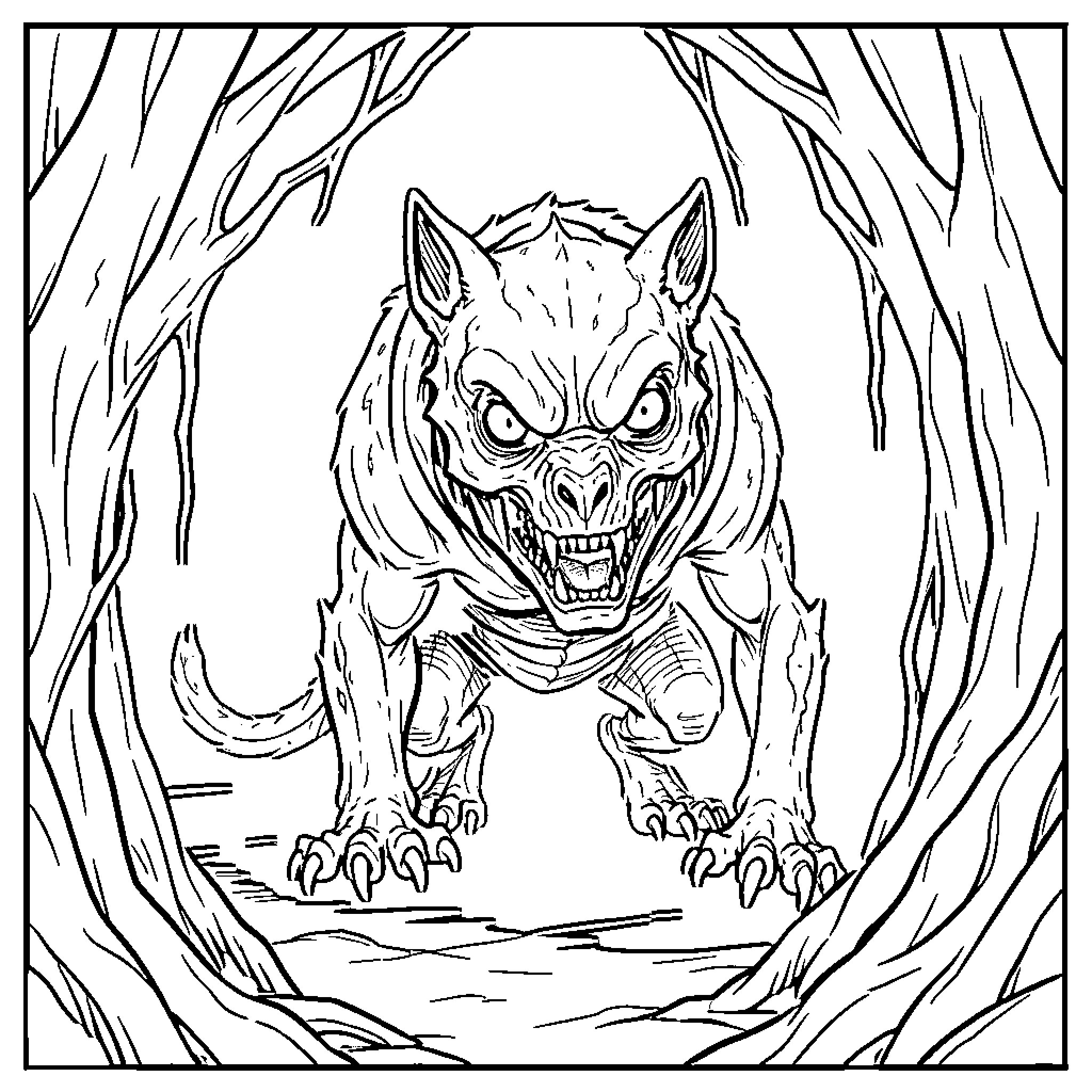 SCP-939 prowling aggressively through a dense forest Coloring Page (free black-and-white line drawing printable PDF for all, from beginners to advanced learners, including children, teens, adults, and seniors)