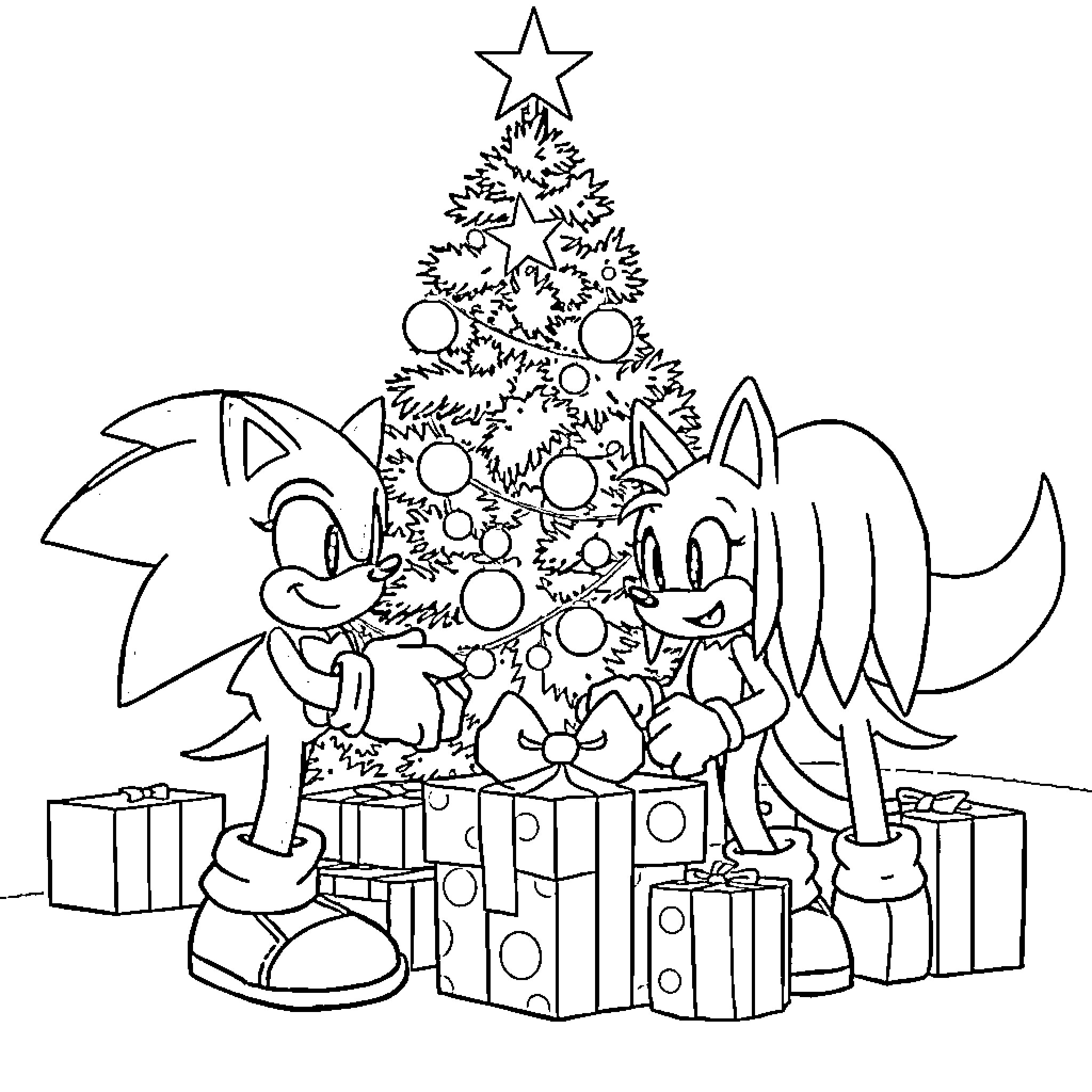 Sonic characters celebrating Christmas together Coloring Page (free black-and-white line drawing printable PDF for all, from beginners to advanced learners, including children, teens, adults, and seniors)