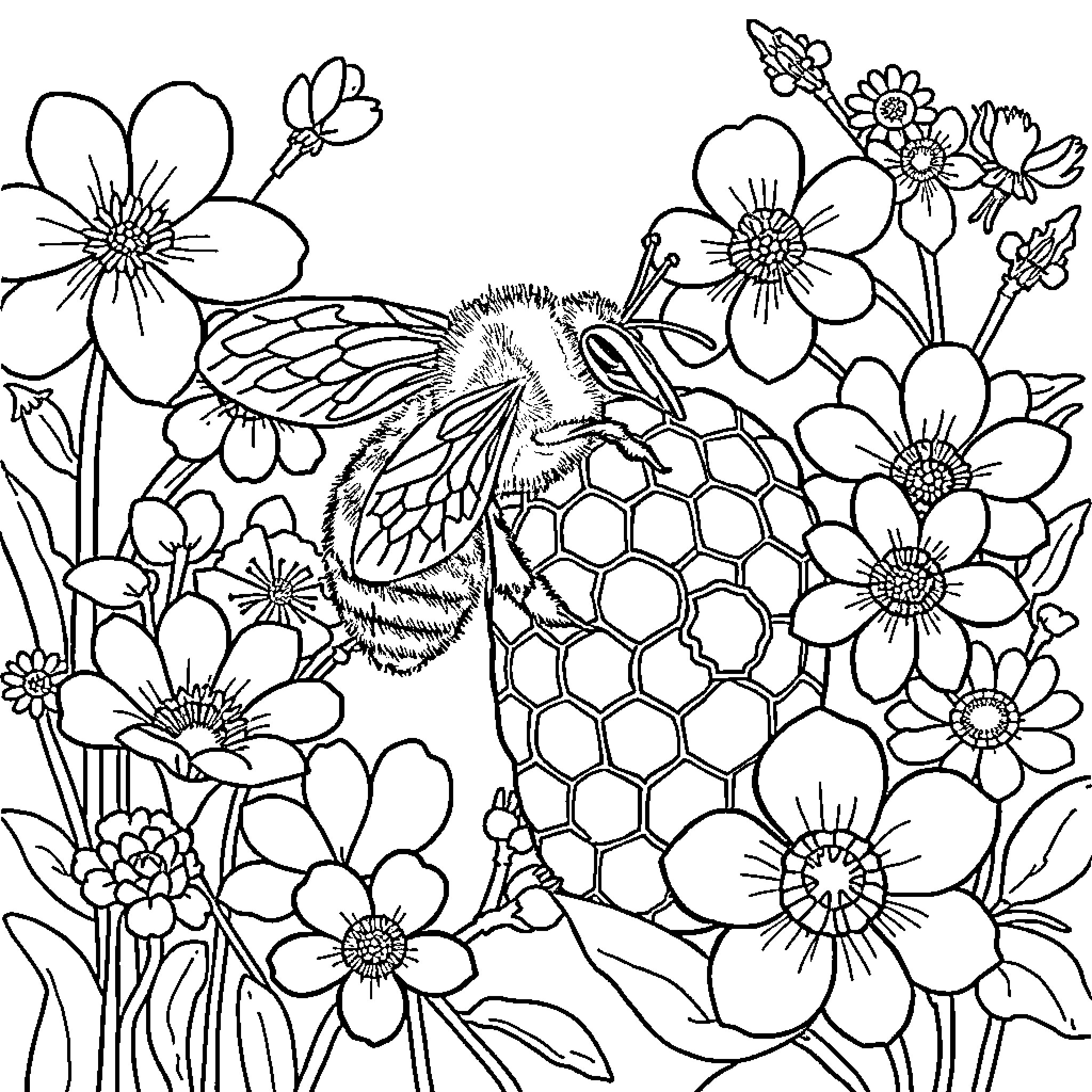 Honeybee pollinating vibrant wildflowers Coloring Page (free black-and-white line drawing printable PDF for all, from beginners to advanced learners, including children, teens, adults, and seniors)