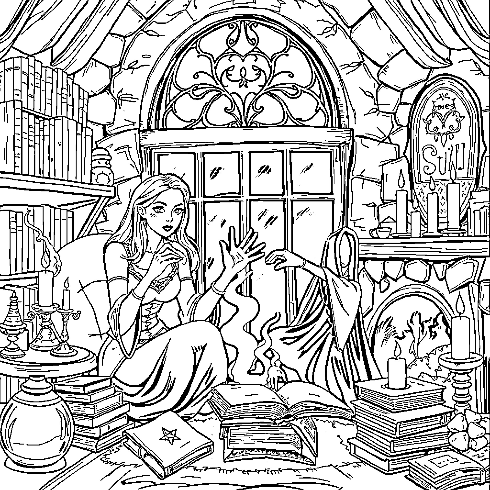 Buffy's Magical Moments in the Mystical Library Coloring Page (free black-and-white line drawing printable PDF for all, from beginners to advanced learners, including children, teens, adults, and seniors)
