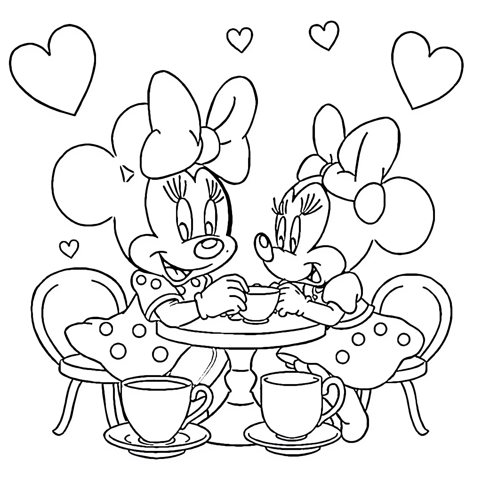 Minnie Mouse enjoying tea party with friends Coloring Page (free black-and-white line drawing printable PDF for all, from beginners to advanced learners, including children, teens, adults, and seniors)