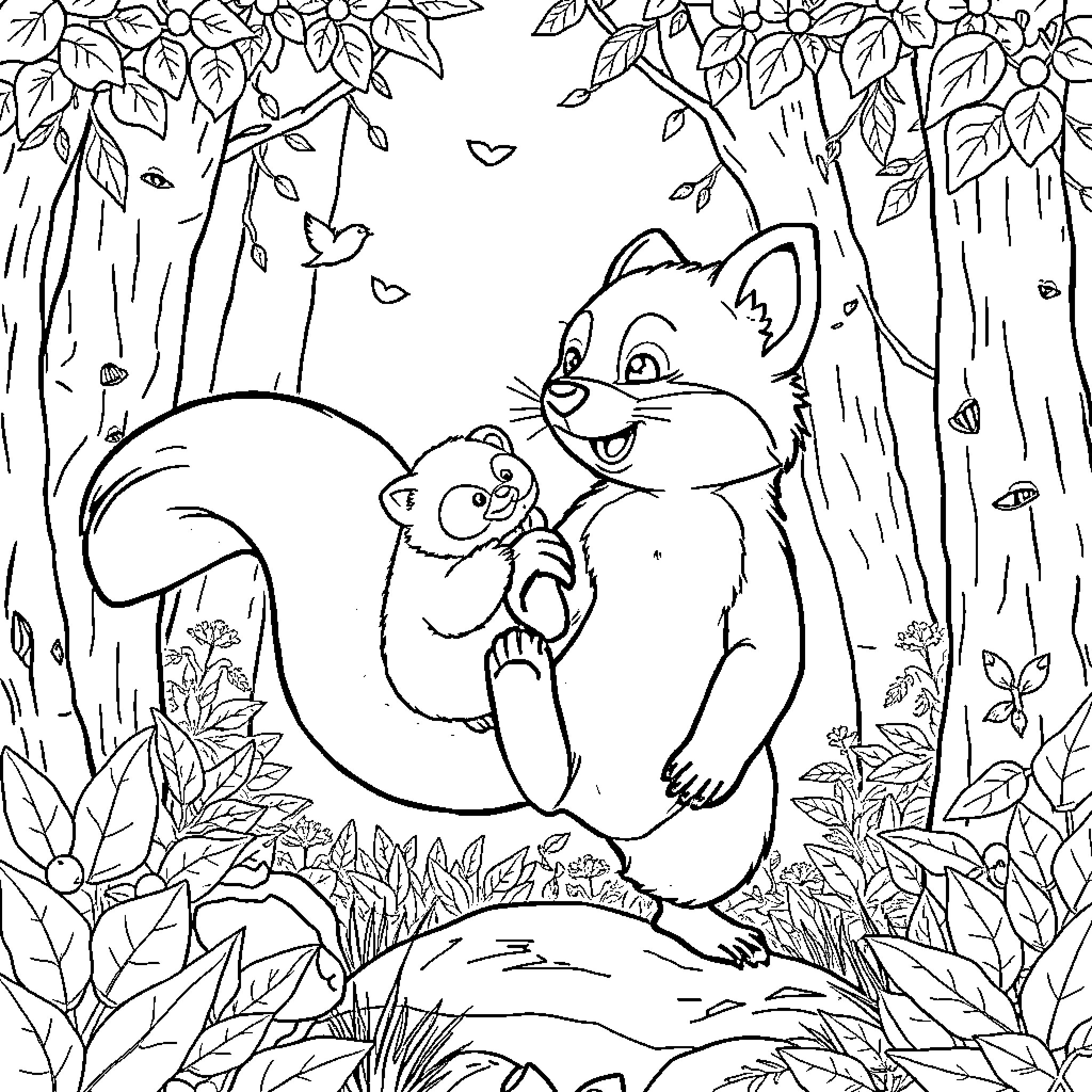 Squirrel family playing in the forest Coloring Page (free black-and-white line drawing printable PDF for all, from beginners to advanced learners, including children, teens, adults, and seniors)