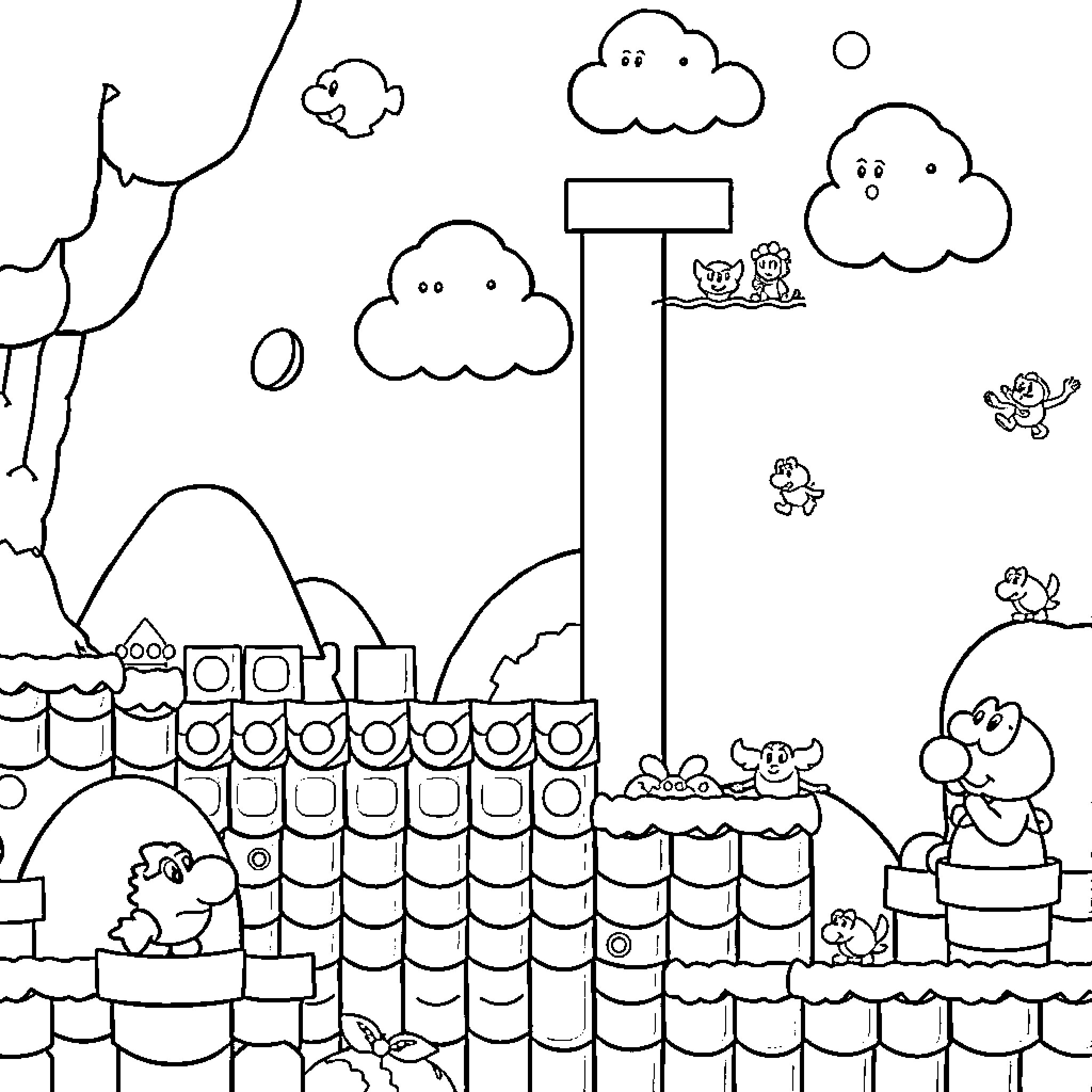 Super Mario World Themed Coloring Page Coloring Page (free black-and-white line drawing printable PDF for all, from beginners to advanced learners, including children, teens, adults, and seniors)