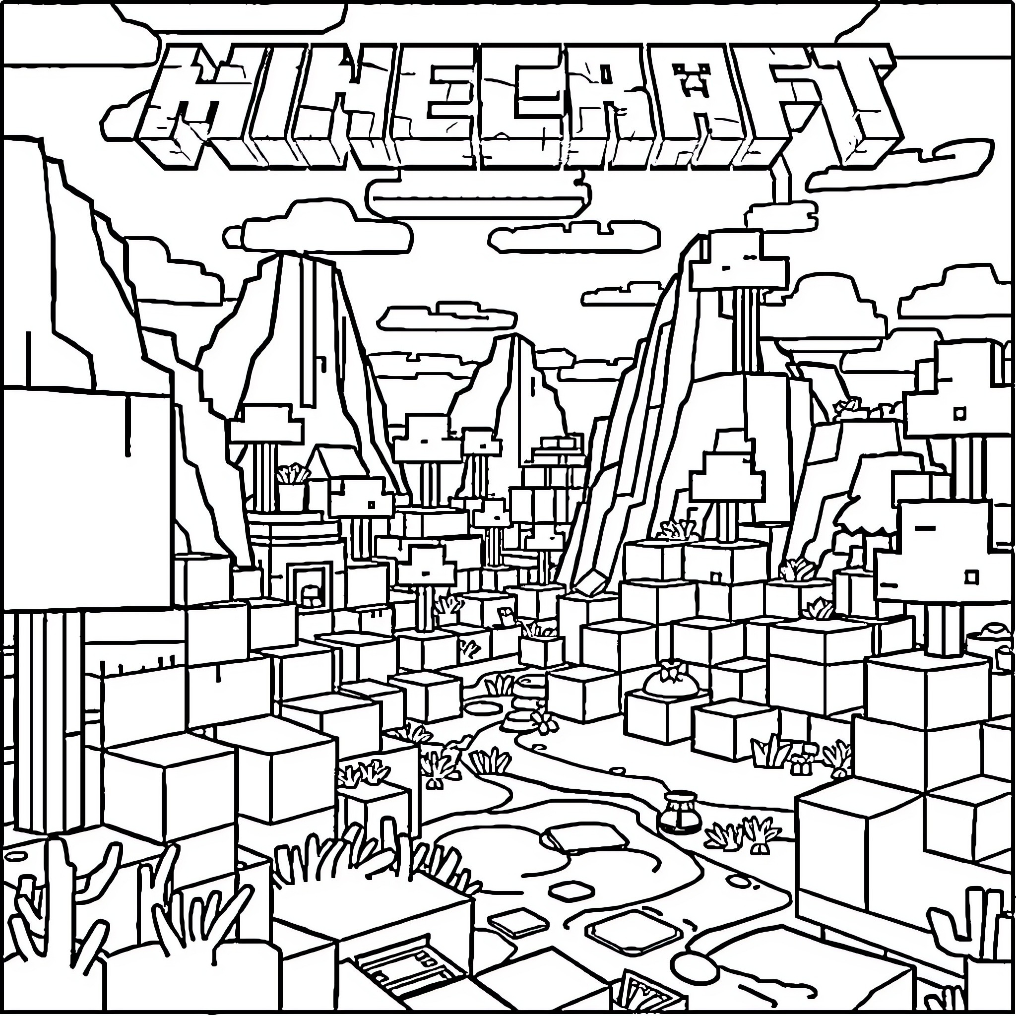 Minecraft landscape with cityscape and mountains Coloring Page (free black-and-white line drawing printable PDF for all, from beginners to advanced learners, including children, teens, adults, and seniors)