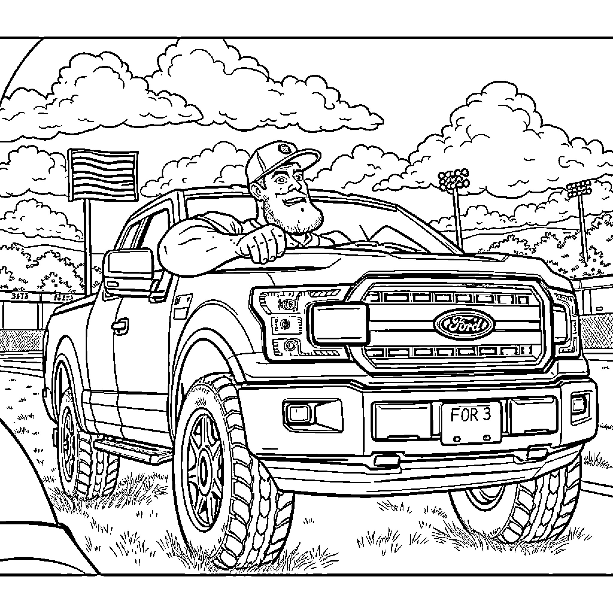 Dude enjoying a ride in his big truck Coloring Page (free black-and-white line drawing printable PDF for all, from beginners to advanced learners, including children, teens, adults, and seniors)