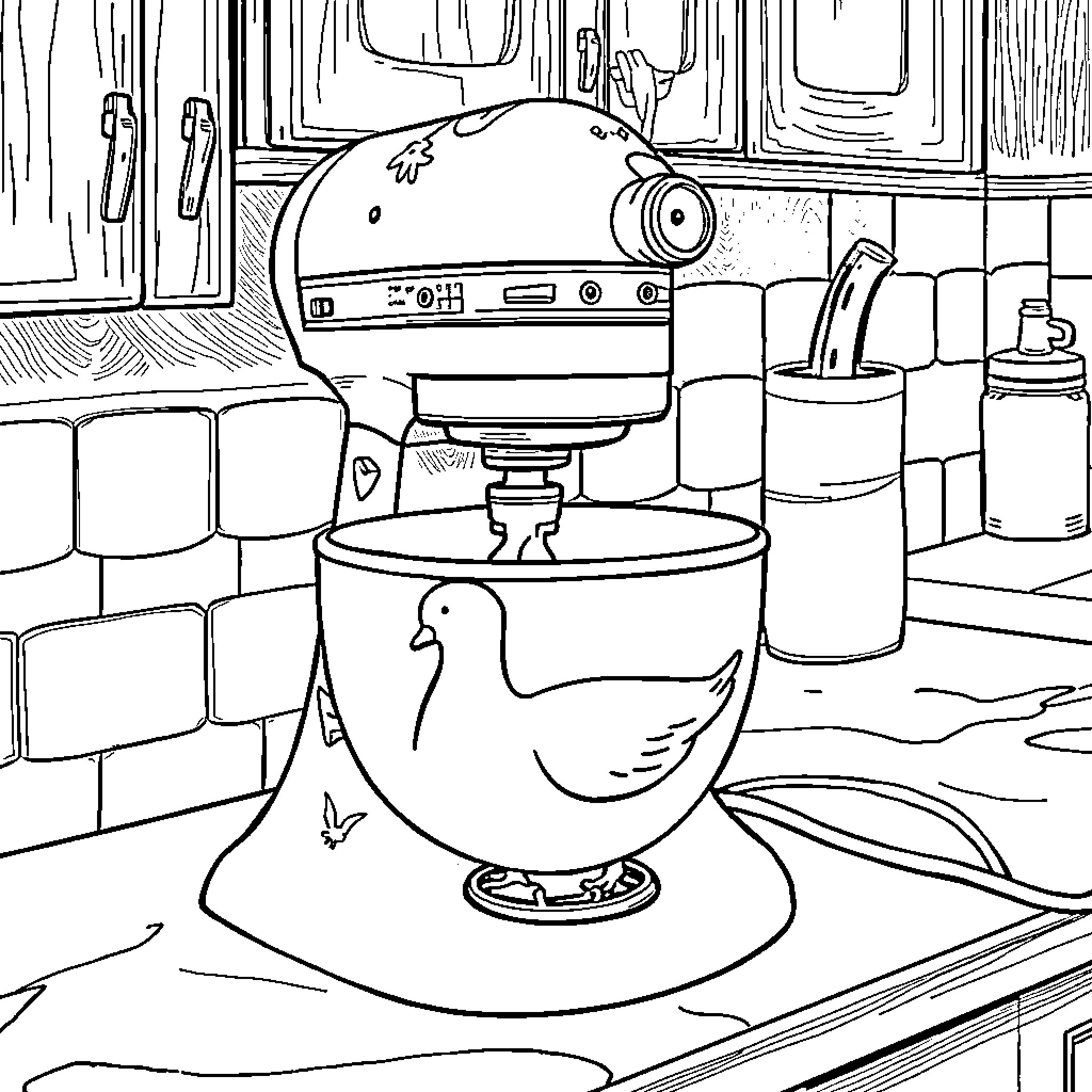 Goose in a Quirky Kitchen Setting Coloring Page (free black-and-white line drawing printable PDF for all, from beginners to advanced learners, including children, teens, adults, and seniors)