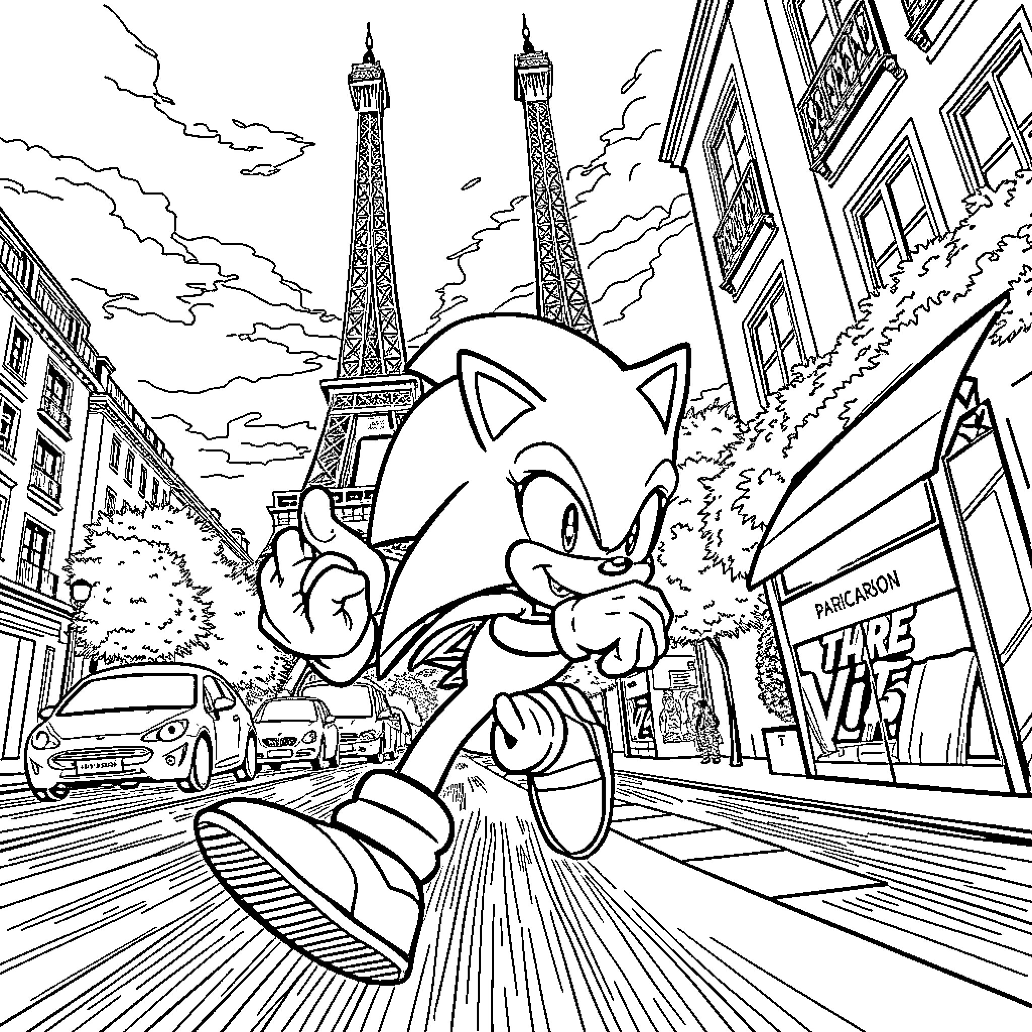 Sonic dashing through the streets of Paris Coloring Page (free black-and-white line drawing printable PDF for all, from beginners to advanced learners, including children, teens, adults, and seniors)