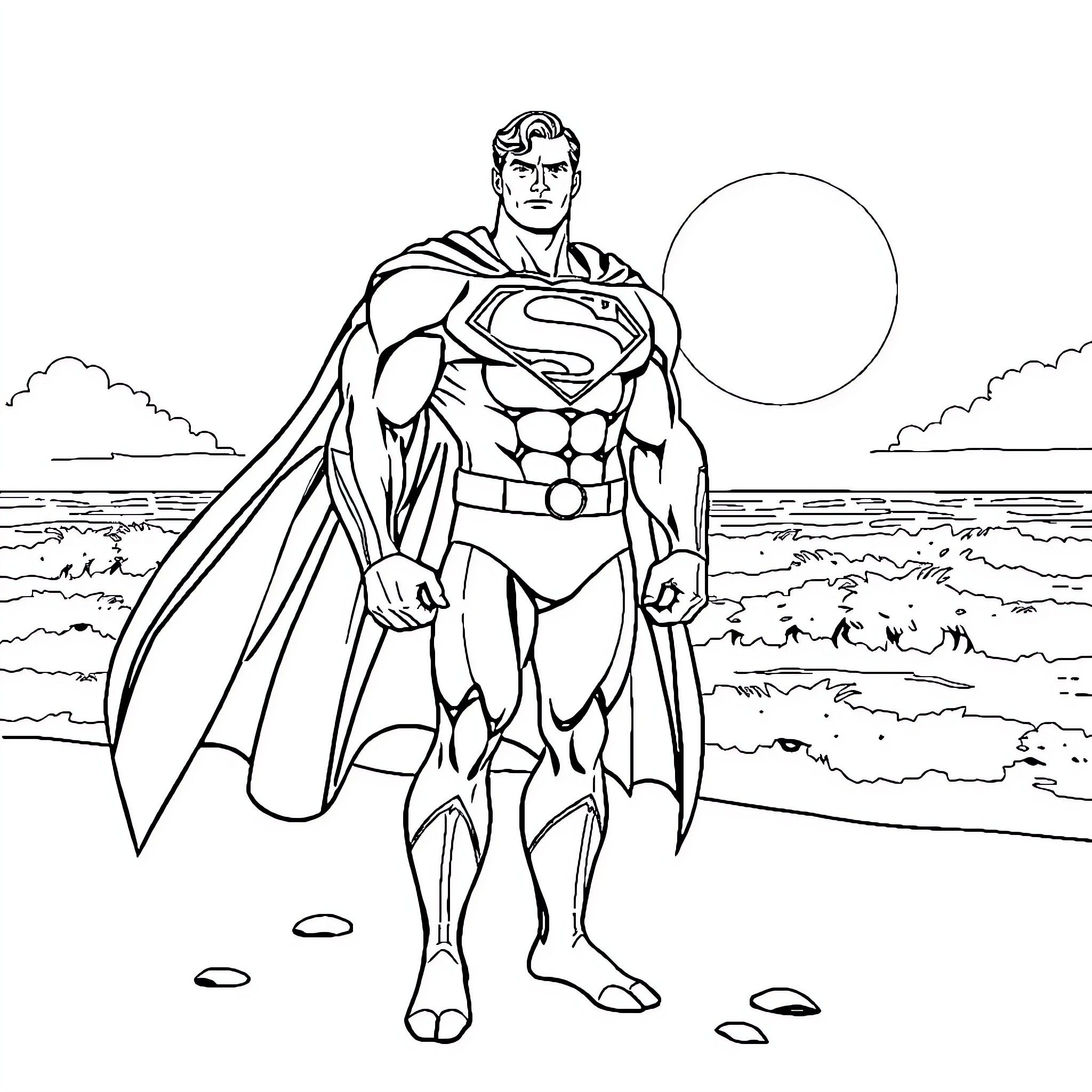 Superman standing heroically on the beach Coloring Page (free black-and-white line drawing printable PDF for all, from beginners to advanced learners, including children, teens, adults, and seniors)