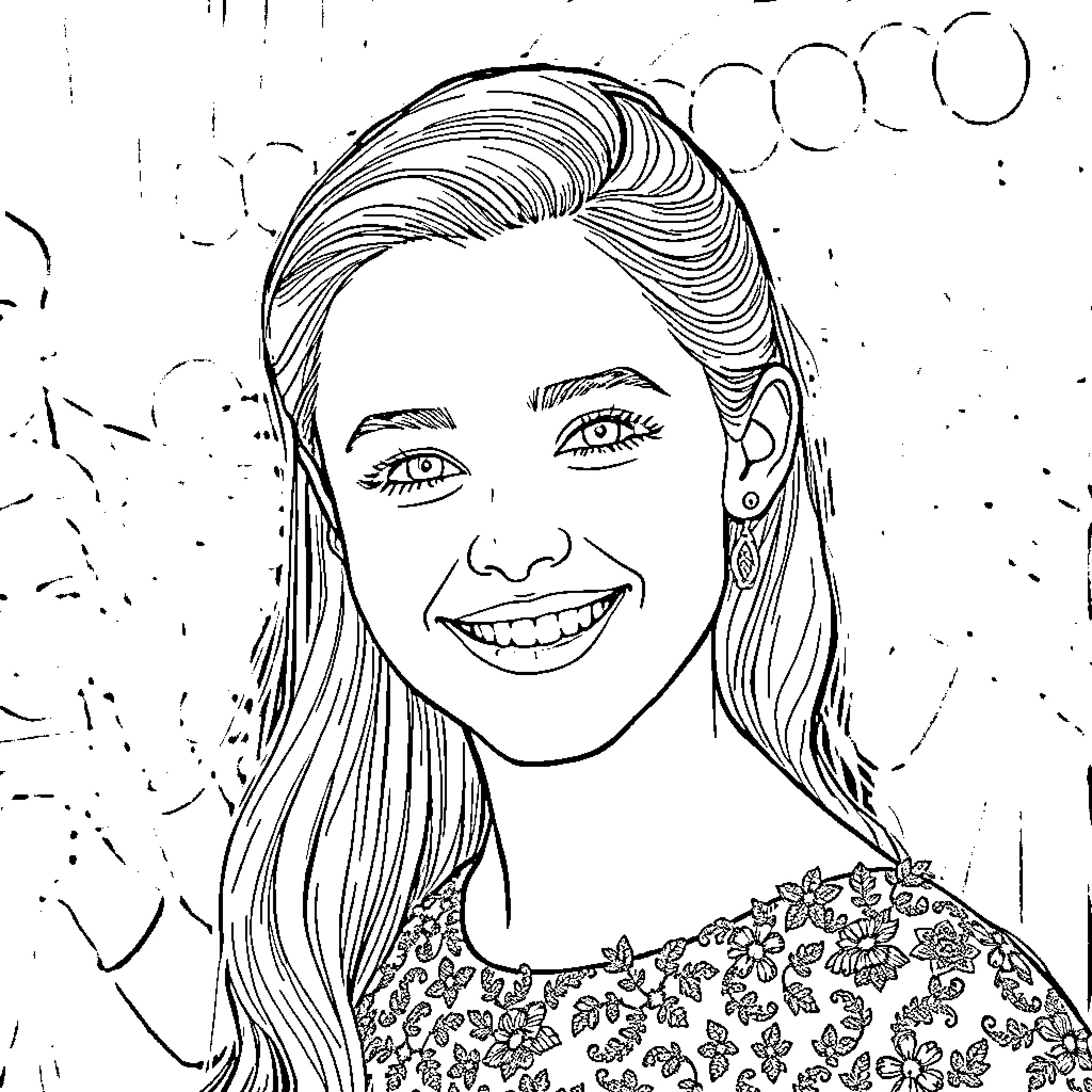 Elle Fanning's Radiant Smile and Floral Style Coloring Page (free black-and-white line drawing printable PDF for all, from beginners to advanced learners, including children, teens, adults, and seniors)