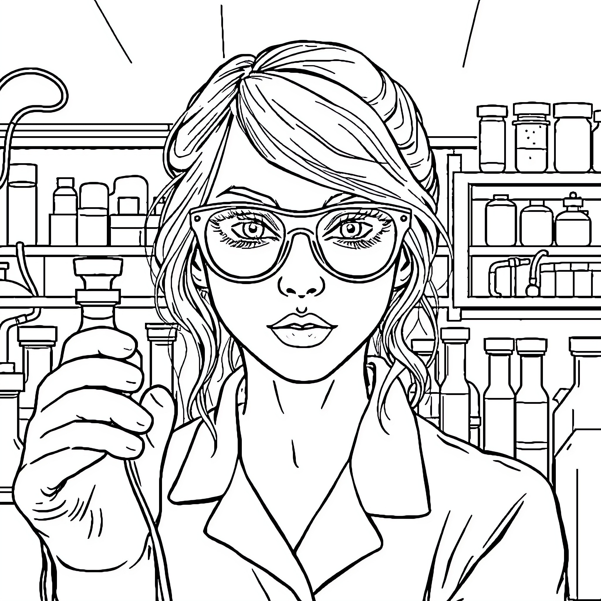 Scientist Examining Chemicals in Laboratory Coloring Page (free black-and-white line drawing printable PDF for all, from beginners to advanced learners, including children, teens, adults, and seniors)